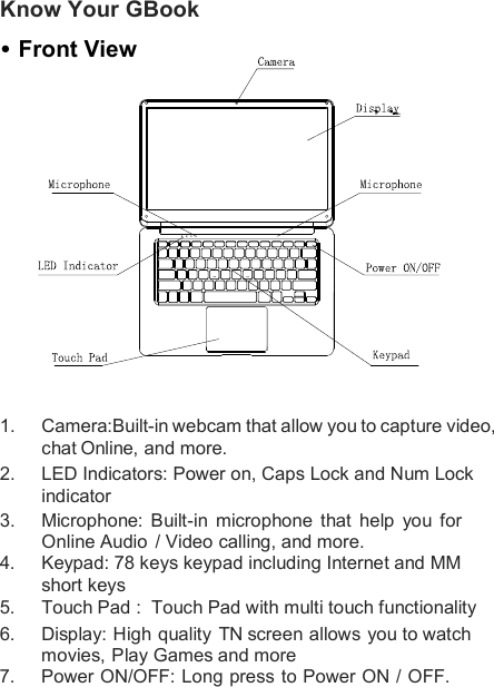 Know Your GBookFront View1.  Camera:Built-in webcam that allow you to capture video, chat Online, and more.  2.  LED Indicators: Power on, Caps Lock and Num Lock indicator 3.  Microphone: Built-in  microphone  that  help  you  for   Online Audio  / Video calling, and more.  4.  Keypad: 78 keys keypad including Internet and MM short keys     5.  Touch Pad :  Touch Pad with multi touch functionality 6.  Display: High quality TN screen allows you to watch  movies, Play Games and more 7.  Power ON/OFF: Long press to Power ON / OFF.   