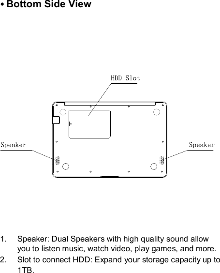 1.  Speaker: Dual Speakers with high quality sound allow you to listen music, watch video, play games, and more. 2.  Slot to connect HDD: Expand your storage capacity up to1TB.  Bottom Side View