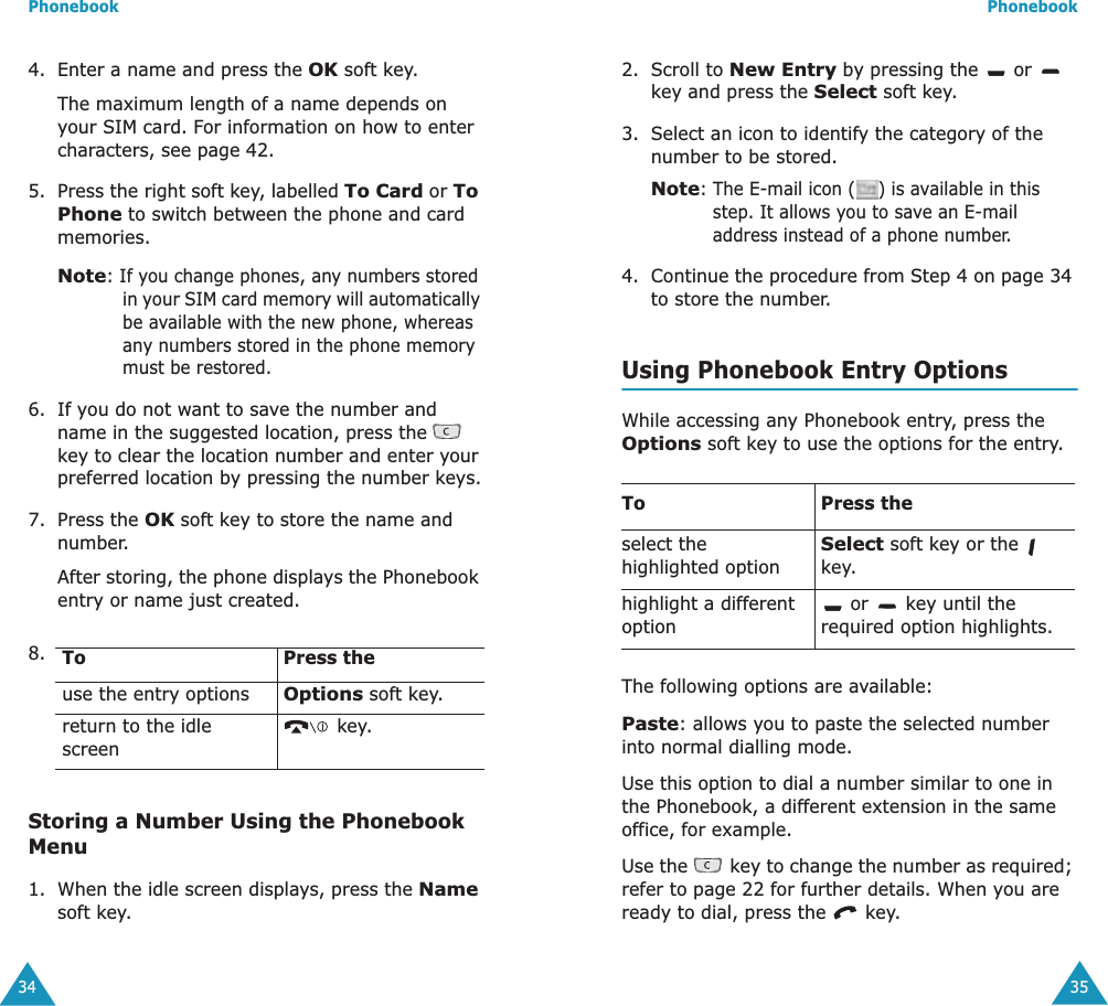 Phonebook344. Enter a name and press the OK soft key. The maximum length of a name depends on your SIM card. For information on how to enter characters, see page 42.5. Press the right soft key, labelled To Card or To Phone to switch between the phone and card memories.Note: If you change phones, any numbers stored in your SIM card memory will automatically be available with the new phone, whereas any numbers stored in the phone memory must be restored.6. If you do not want to save the number and name in the suggested location, press the  key to clear the location number and enter your preferred location by pressing the number keys.7. Press the OK soft key to store the name and number.After storing, the phone displays the Phonebook entry or name just created.Storing a Number Using the Phonebook Menu1. When the idle screen displays, press the Name soft key. 8. To Press theuse the entry optionsOptions soft key.return to the idle screen key.Phonebook352. Scroll to New Entry by pressing the   or   key and press the Select soft key.3. Select an icon to identify the category of the number to be stored.Note: The E-mail icon ( ) is available in this step. It allows you to save an E-mail address instead of a phone number.4. Continue the procedure from Step 4 on page 34 to store the number.Using Phonebook Entry OptionsWhile accessing any Phonebook entry, press the Options soft key to use the options for the entry.The following options are available:Paste: allows you to paste the selected number into normal dialling mode. Use this option to dial a number similar to one in the Phonebook, a different extension in the same office, for example.Use the   key to change the number as required; refer to page 22 for further details. When you are ready to dial, press the   key.To Press theselect the highlighted optionSelect soft key or the   key.highlight a different option or   key until the required option highlights.