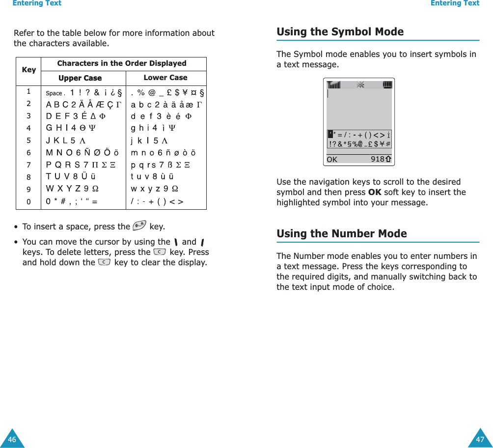 Entering Text46Refer to the table below for more information about the characters available.&bull;To insert a space, press the   key. &bull;You can move the cursor by using the   and   keys. To delete letters, press the  key. Press and hold down the   key to clear the display. Characters in the Order DisplayedKeySpaceUpper CaseUpper CaseLower Case1234567890Entering Text47Using the Symbol ModeThe Symbol mode enables you to insert symbols in a text message. Use the navigation keys to scroll to the desired symbol and then press OK soft key to insert the highlighted symbol into your message. Using the Number ModeThe Number mode enables you to enter numbers in a text message. Press the keys corresponding to the required digits, and manually switching back to the text input mode of choice.918OK