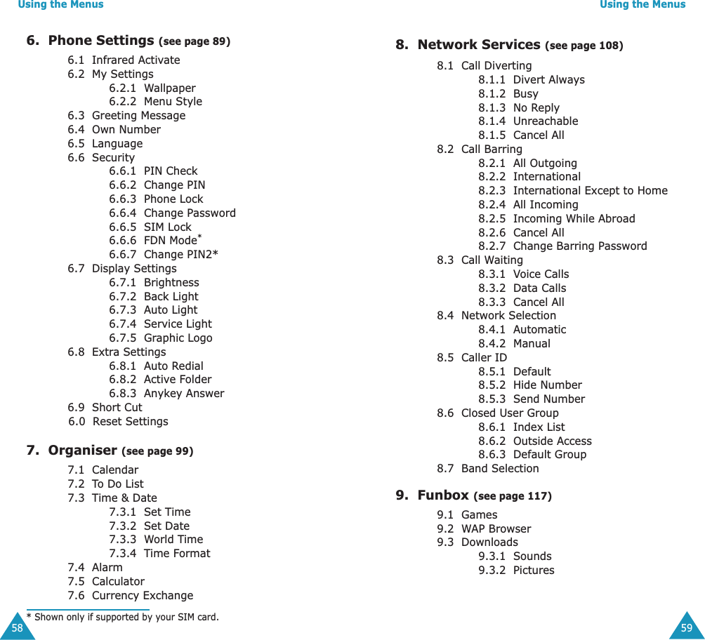 Using the Menus586.  Phone Settings (see page 89)6.1  Infrared Activate6.2  My Settings6.2.1  Wallpaper6.2.2  Menu Style6.3  Greeting Message6.4  Own Number6.5  Language6.6  Security6.6.1  PIN Check6.6.2  Change PIN6.6.3  Phone Lock6.6.4  Change Password6.6.5  SIM Lock6.6.6  FDN Mode*6.6.7  Change PIN2*6.7  Display Settings6.7.1  Brightness6.7.2  Back Light6.7.3  Auto Light6.7.4  Service Light6.7.5  Graphic Logo6.8  Extra Settings6.8.1  Auto Redial6.8.2  Active Folder6.8.3  Anykey Answer6.9  Short Cut  6.0  Reset Settings7.  Organiser (see page 99)7.1  Calendar7.2  To Do List7.3  Time &amp; Date7.3.1  Set Time7.3.2  Set Date7.3.3  World Time7.3.4  Time Format7.4  Alarm7.5  Calculator7.6  Currency Exchange* Shown only if supported by your SIM card.Using the Menus598.  Network Services (see page 108)8.1  Call Diverting8.1.1  Divert Always8.1.2  Busy8.1.3  No Reply8.1.4  Unreachable8.1.5  Cancel All8.2  Call Barring8.2.1  All Outgoing8.2.2  International8.2.3  International Except to Home8.2.4  All Incoming8.2.5  Incoming While Abroad8.2.6  Cancel All8.2.7  Change Barring Password8.3  Call Waiting8.3.1  Voice Calls8.3.2  Data Calls8.3.3  Cancel All8.4  Network Selection8.4.1  Automatic8.4.2  Manual8.5  Caller ID8.5.1  Default8.5.2  Hide Number8.5.3  Send Number8.6  Closed User Group8.6.1  Index List8.6.2  Outside Access8.6.3  Default Group8.7  Band Selection9.  Funbox (see page 117)9.1  Games9.2  WAP Browser9.3  Downloads9.3.1  Sounds9.3.2  Pictures