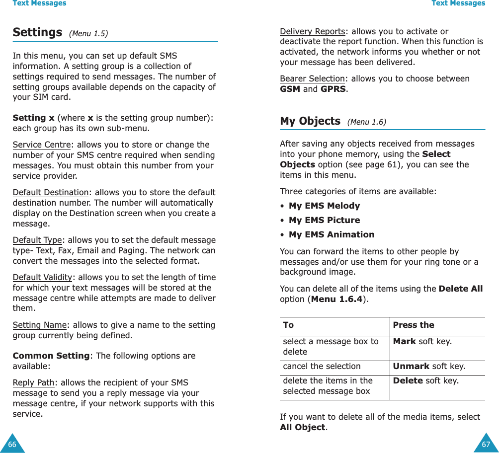 Text Messages66Settings  (Menu 1.5)In this menu, you can set up default SMS information. A setting group is a collection of settings required to send messages. The number of setting groups available depends on the capacity of your SIM card. Setting x (where x is the setting group number): each group has its own sub-menu.Service Centre: allows you to store or change the number of your SMS centre required when sending messages. You must obtain this number from your service provider.Default Destination: allows you to store the default destination number. The number will automatically display on the Destination screen when you create a message.Default Type: allows you to set the default message type- Text, Fax, Email and Paging. The network can convert the messages into the selected format.Default Validity: allows you to set the length of time for which your text messages will be stored at the message centre while attempts are made to deliver them.Setting Name: allows to give a name to the setting group currently being defined.Common Setting: The following options are available:Reply Path: allows the recipient of your SMS message to send you a reply message via your message centre, if your network supports with this service.Text Messages67Delivery Reports: allows you to activate or deactivate the report function. When this function is activated, the network informs you whether or not your message has been delivered.Bearer Selection: allows you to choose between GSM and GPRS. My Objects  (Menu 1.6)After saving any objects received from messages into your phone memory, using the Select Objects option (see page 61), you can see the items in this menu.Three categories of items are available: &bull;My EMS Melody&bull;My EMS Picture&bull;My EMS AnimationYou can forward the items to other people by messages and/or use them for your ring tone or a background image.You can delete all of the items using the Delete All option (Menu 1.6.4).If you want to delete all of the media items, select All Object.To Press theselect a message box to deleteMark soft key.cancel the selectionUnmark soft key.delete the items in the selected message boxDelete soft key.