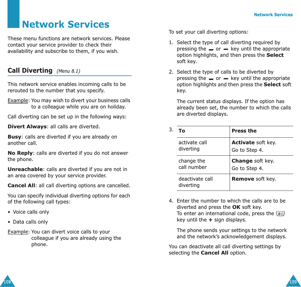 108Network ServicesThese menu functions are network services. Please contact your service provider to check their availability and subscribe to them, if you wish.Call Diverting  (Menu 8.1) This network service enables incoming calls to be rerouted to the number that you specify.Example:You may wish to divert your business calls to a colleague while you are on holiday.Call diverting can be set up in the following ways:Divert Always: all calls are diverted.Busy: calls are diverted if you are already on another call.No Reply: calls are diverted if you do not answer the phone.Unreachable: calls are diverted if you are not in an area covered by your service provider.Cancel All: all call diverting options are cancelled.You can specify individual diverting options for each of the following call types:&bull;Voice calls only&bull;Data calls onlyExample:You can divert voice calls to your colleague if you are already using the phone.Network Services109To set your call diverting options:1. Select the type of call diverting required by pressing the   or   key until the appropriate option highlights, and then press the Select soft key.2. Select the type of calls to be diverted by pressing the   or   key until the appropriate option highlights and then press the Select soft key.The current status displays. If the option has already been set, the number to which the calls are diverted displays.4. Enter the number to which the calls are to be diverted and press the OK soft key.To enter an international code, press the   key until the + sign displays.The phone sends your settings to the network and the network&rsquo;s acknowledgement displays.You can deactivate all call diverting settings by selecting the Cancel All option.3. To Press theactivate call divertingActivate soft key.Go to Step 4.change the call numberChange soft key.Go to Step 4. deactivate call divertingRemove soft key.