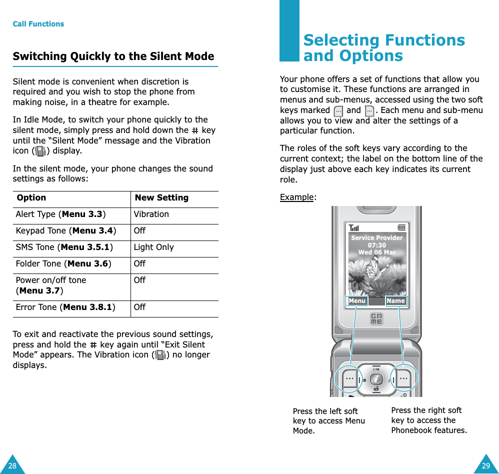 Call Functions28Switching Quickly to the Silent ModeSilent mode is convenient when discretion is required and you wish to stop the phone from making noise, in a theatre for example.In Idle Mode, to switch your phone quickly to the silent mode, simply press and hold down the   key until the &ldquo;Silent Mode&rdquo; message and the Vibration icon ( ) display.In the silent mode, your phone changes the sound settings as follows:To exit and reactivate the previous sound settings, press and hold the   key again until &ldquo;Exit Silent Mode&rdquo; appears. The Vibration icon ( ) no longer displays.Option New SettingAlert Type (Menu 3.3) VibrationKeypad Tone (Menu 3.4)OffSMS Tone (Menu 3.5.1) Light OnlyFolder Tone (Menu 3.6)OffPower on/off tone (Menu 3.7)OffError Tone (Menu 3.8.1)Off29Selecting Functions and OptionsYour phone offers a set of functions that allow you to customise it. These functions are arranged in menus and sub-menus, accessed using the two soft keys marked   and  . Each menu and sub-menu allows you to view and alter the settings of a particular function.The roles of the soft keys vary according to the current context; the label on the bottom line of the display just above each key indicates its current role.Example:Menu           NameService Provider07:30Wed 06 MarPress the left soft key to access Menu Mode.Press the right soft key to access the Phonebook features.