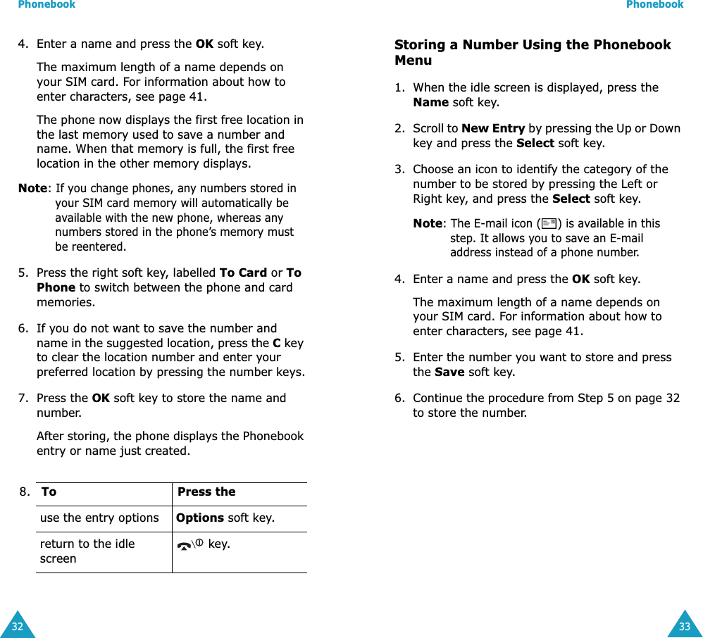Phonebook324. Enter a name and press the OK soft key. The maximum length of a name depends on your SIM card. For information about how to enter characters, see page 41.The phone now displays the first free location in the last memory used to save a number and name. When that memory is full, the first free location in the other memory displays.Note: If you change phones, any numbers stored in your SIM card memory will automatically be available with the new phone, whereas any numbers stored in the phone&rsquo;s memory must be reentered.5. Press the right soft key, labelled To Card or To Phone to switch between the phone and card memories.6. If you do not want to save the number and name in the suggested location, press the C key to clear the location number and enter your preferred location by pressing the number keys.7. Press the OK soft key to store the name and number.After storing, the phone displays the Phonebook entry or name just created.8. To Press theuse the entry options Options soft key.return to the idle screen key.Phonebook33Storing a Number Using the Phonebook Menu1. When the idle screen is displayed, press the Name soft key. 2. Scroll to New Entry by pressing the Up or Down key and press the Select soft key.3. Choose an icon to identify the category of the number to be stored by pressing the Left or Right key, and press the Select soft key.Note: The E-mail icon ( ) is available in this step. It allows you to save an E-mail address instead of a phone number.4. Enter a name and press the OK soft key. The maximum length of a name depends on your SIM card. For information about how to enter characters, see page 41.5. Enter the number you want to store and press the Save soft key.6. Continue the procedure from Step 5 on page 32 to store the number.