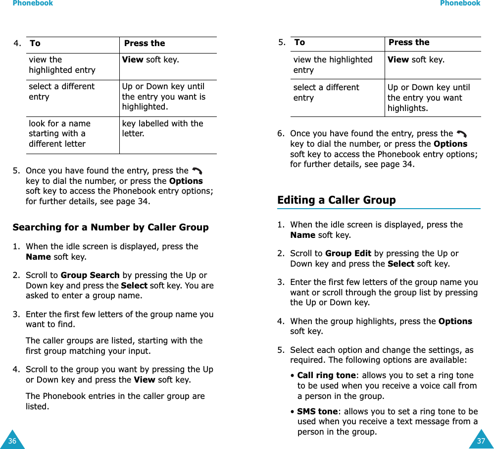 Phonebook365. Once you have found the entry, press the   key to dial the number, or press the Options soft key to access the Phonebook entry options; for further details, see page 34.Searching for a Number by Caller Group1. When the idle screen is displayed, press the Name soft key. 2. Scroll to Group Search by pressing the Up or Down key and press the Select soft key. You are asked to enter a group name.3. Enter the first few letters of the group name you want to find.The caller groups are listed, starting with the first group matching your input. 4. Scroll to the group you want by pressing the Up or Down key and press the View soft key.The Phonebook entries in the caller group are listed.4. To Press theview the highlighted entryView soft key.select a different entryUp or Down key until the entry you want is highlighted.look for a name starting with a different letterkey labelled with the letter. Phonebook376. Once you have found the entry, press the   key to dial the number, or press the Options soft key to access the Phonebook entry options; for further details, see page 34.Editing a Caller Group1. When the idle screen is displayed, press the Name soft key.2. Scroll to Group Edit by pressing the Up or Down key and press the Select soft key.3. Enter the first few letters of the group name you want or scroll through the group list by pressing the Up or Down key.4. When the group highlights, press the Options soft key.5. Select each option and change the settings, as required. The following options are available:&bull; Call ring tone: allows you to set a ring tone to be used when you receive a voice call from a person in the group.&bull; SMS tone: allows you to set a ring tone to be used when you receive a text message from a person in the group.5. To Press theview the highlighted entryView soft key.select a different entryUp or Down key until the entry you want highlights.