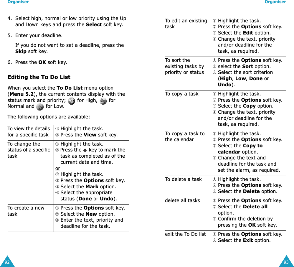Organiser924. Select high, normal or low priority using the Up and Down keys and press the Select soft key.5. Enter your deadline. If you do not want to set a deadline, press the Skip soft key.6. Press the OK soft key.Editing the To Do ListWhen you select the To Do List menu option (Menu 5.2), the current contents display with the status mark and priority;   for High,   for Normal and   for Low. The following options are available:To view the details for a specific task➀ Highlight the task.➁ Press the View soft key.To change the status of a specific task➀ Highlight the task.➁ Press the   key to mark the task as completed as of the current date and time.or➀ Highlight the task. ➁ Press the Options soft key.➂ Select the Mark option.➃ Select the appropriate status (Done or Undo).To create a new task➀ Press the Options soft key.➁ Select the New option.➂ Enter the text, priority and deadline for the task. Organiser93To edit an existing task➀ Highlight the task.➁ Press the Options soft key.➂ Select the Edit option.➃ Change the text, priority and/or deadline for the task, as required. To sort the existing tasks by priority or status➀ Press the Options soft key.➁ select the Sort option.➂ Select the sort criterion (High, Low, Done or Undo).To copy a task ➀ Highlight the task.➁ Press the Options soft key.➂ Select the Copy option.➃ Change the text, priority and/or deadline for the task, as required.To copy a task to the calendar➀ Highlight the task.➁ Press the Options soft key.➂ Select the Copy to calendar option.➃ Change the text and deadline for the task and  set the alarm, as required.To delete a task ➀ Highlight the task.➁ Press the Options soft key.➂ Select the Delete option.delete all tasks ➀ Press the Options soft key.➁ Select the Delete all option.➂ Confirm the deletion by pressing the OK soft key.exit the To Do list ➀ Press the Options soft key.➁ Select the Exit option.