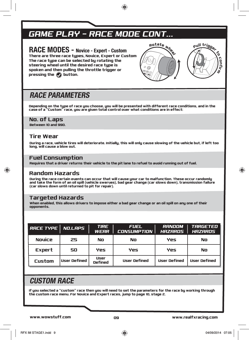 Between 10 and 990.No. of LapsRequires that a driver returns their vehicle to the pit lane to refuel to avoid running out of fuel.Fuel ConsumptionWhen enabled, this allows drivers to impose either a bad gear change or an oil spill on any one of their opponents.Targeted HazardsGAME PLAY - RACE MODE CONT...There are three race types, Novice, Expert or CustomThe race type can be selected by rotating thesteering wheel until the desired race type is spoken and then pulling the throttle trigger orpressing the         button.RACE MODES - Novice - Expert - CustomPull trigger to confirmRotate wheelwww.realfxracing.comwww.wowstuff.comRACE PARAMETERSDepending on the type of race you choose, you will be presented with different race conditions, and in thecase of a “Custom” race, you are given total control over what conditions are in effect:CUSTOM RACEIf you selected a “custom” race then you will need to set the parameters for the race by working through the custom race menu. For Novice and Expert races, jump to page 10, stage 2.During a race, vehicle tires will deteriorate. Initially, this will only cause slowing of the vehicle but, if left too long, will cause a blow out.Tire WearDuring the race certain events can occur that will cause your car to malfunction. These occur randomly and take the form of an oil spill (vehicle swerves), bad gear change (car slows down), transmission failure (car slows down until returned to pit for repair).Random HazardsRACE TYPE NO.LAPS TIREWEARFUELCONSUMPTIONRANDOMHAZARDSTARGETEDHAZARDSNovice 25 No No Yes NoExpert 50 Yes Yes Yes NoCustom User Defined User DefinedUserDefined User Defined User Defined09RFX IM STAGE1.indd   9 04/09/2014   07:05