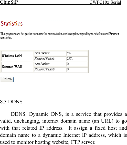 ChipSiP                            CWFC10x Serial                                8.3 DDNS DDNS, Dynamic DNS, is a service that provides a valid, unchanging, internet domain name (an URL) to go with that related IP address.  It assign a fixed host and domain name to a dynamic Internet IP address, which is used to monitor hosting website, FTP server. 