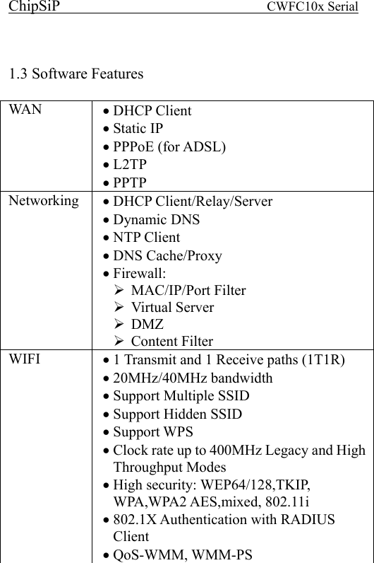 ChipSiP                            CWFC10x Serial                              1.3 Software Features   WAN  DHCP Client Static IP PPPoE (for ADSL) L2TP PPTP Networking  DHCP Client/Relay/Server Dynamic DNS NTP Client DNS Cache/Proxy Firewall: MAC/IP/Port Filter Virtual Server DMZ Content Filter WIFI  1 Transmit and 1 Receive paths (1T1R) 20MHz/40MHz bandwidth Support Multiple SSID Support Hidden SSID Support WPS Clock rate up to 400MHz Legacy and High Throughput Modes High security: WEP64/128,TKIP, WPA,WPA2 AES,mixed, 802.11i 802.1X Authentication with RADIUS Client QoS-WMM, WMM-PS   