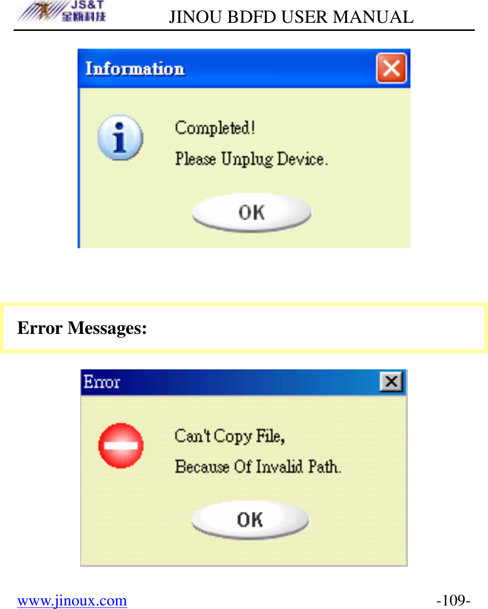         JINOU BDFD USER MANUAL www.jinoux.com      -109-  Error Messages:  