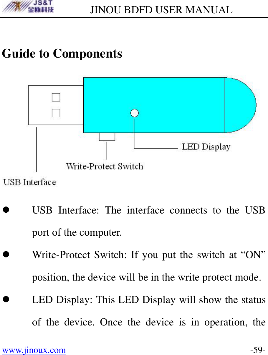         JINOU BDFD USER MANUAL www.jinoux.com      -59- Guide to Components  z USB Interface: The interface connects to the USB port of the computer. z Write-Protect Switch: If you put the switch at “ON” position, the device will be in the write protect mode.   z LED Display: This LED Display will show the status of the device. Once the device is in operation, the 