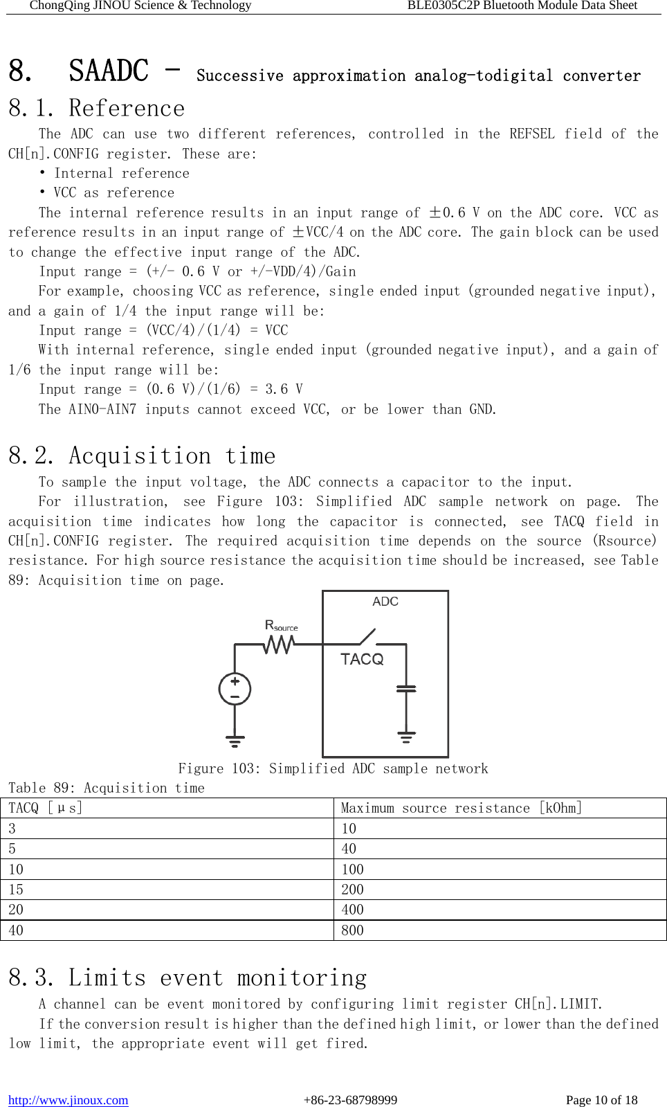 ChongQing JINOU Science &amp; Technology                        BLE0305C2P Bluetooth Module Data Sheet http://www.jinoux.com                           +86-23-68798999                          Page 10 of 18 8. SAADC - Successive approximation analog-todigital converter 8.1. Reference The  ADC  can use  two  different  references,  controlled in  the  REFSEL  field  of the CH[n].CONFIG register. These are: • Internal reference • VCC as reference The internal reference results in an input range of ±0.6 V on the ADC core. VCC as reference results in an input range of ±VCC/4 on the ADC core. The gain block can be used to change the effective input range of the ADC. Input range = (+/- 0.6 V or +/-VDD/4)/Gain For example, choosing VCC as reference, single ended input (grounded negative input), and a gain of 1/4 the input range will be: Input range = (VCC/4)/(1/4) = VCC With internal reference, single ended input (grounded negative input), and a gain of 1/6 the input range will be: Input range = (0.6 V)/(1/6) = 3.6 V The AIN0-AIN7 inputs cannot exceed VCC, or be lower than GND.  8.2. Acquisition time To sample the input voltage, the ADC connects a capacitor to the input. For  illustration,  see  Figure  103:  Simplified  ADC  sample  network  on  page.  The acquisition  time  indicates  how  long  the  capacitor  is  connected,  see  TACQ  field  in CH[n].CONFIG register. The required acquisition time depends on the source (Rsource) resistance. For high source resistance the acquisition time should be increased, see Table 89: Acquisition time on page.  Figure 103: Simplified ADC sample network Table 89: Acquisition time TACQ [μs]  Maximum source resistance [kOhm] 3  10 5  40 10  100 15  200 20  400 40  800  8.3. Limits event monitoring A channel can be event monitored by configuring limit register CH[n].LIMIT. If the conversion result is higher than the defined high limit, or lower than the defined low limit, the appropriate event will get fired. 
