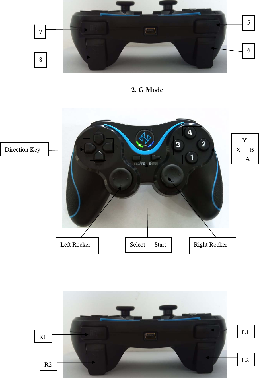   2. G Mode             7 8 5 6 Direction Key   Y X   B    A Select   Start Left Rocker  Right Rocker R1 R2  L2 L1 