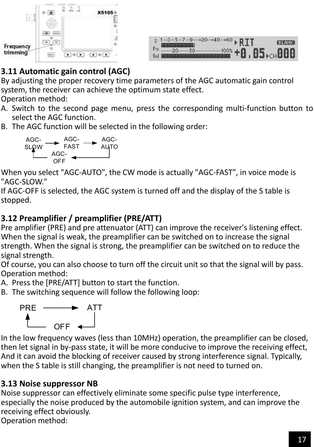   17             3.11 Automatic gain control (AGC) By adjusting the proper recovery time parameters of the AGC automatic gain control system, the receiver can achieve the optimum state effect. Operation method: A. Switch  to  the  second  page  menu,  press  the  corresponding  multi-function  button  to select the AGC function. B. The AGC function will be selected in the following order:     When you select &quot;AGC-AUTO&quot;, the CW mode is actually &quot;AGC-FAST&quot;, in voice mode is &quot;AGC-SLOW.&quot; If AGC-OFF is selected, the AGC system is turned off and the display of the S table is stopped.  3.12 Preamplifier / preamplifier (PRE/ATT) Pre amplifier (PRE) and pre attenuator (ATT) can improve the receiver&apos;s listening effect. When the signal is weak, the preamplifier can be switched on to increase the signal strength. When the signal is strong, the preamplifier can be switched on to reduce the signal strength. Of course, you can also choose to turn off the circuit unit so that the signal will by pass. Operation method: A. Press the [PRE/ATT] button to start the function. B. The switching sequence will follow the following loop:     In the low frequency waves (less than 10MHz) operation, the preamplifier can be closed,   then let signal in by-pass state, it will be more conducive to improve the receiving effect, And it can avoid the blocking of receiver caused by strong interference signal. Typically,   when the S table is still changing, the preamplifier is not need to turned on.  3.13 Noise suppressor NB Noise suppressor can effectively eliminate some specific pulse type interference,   especially the noise produced by the automobile ignition system, and can improve the receiving effect obviously. Operation method: AGC-FASTAGC-SLOWAGC-AUTOAGC-OFFATTPREOFF