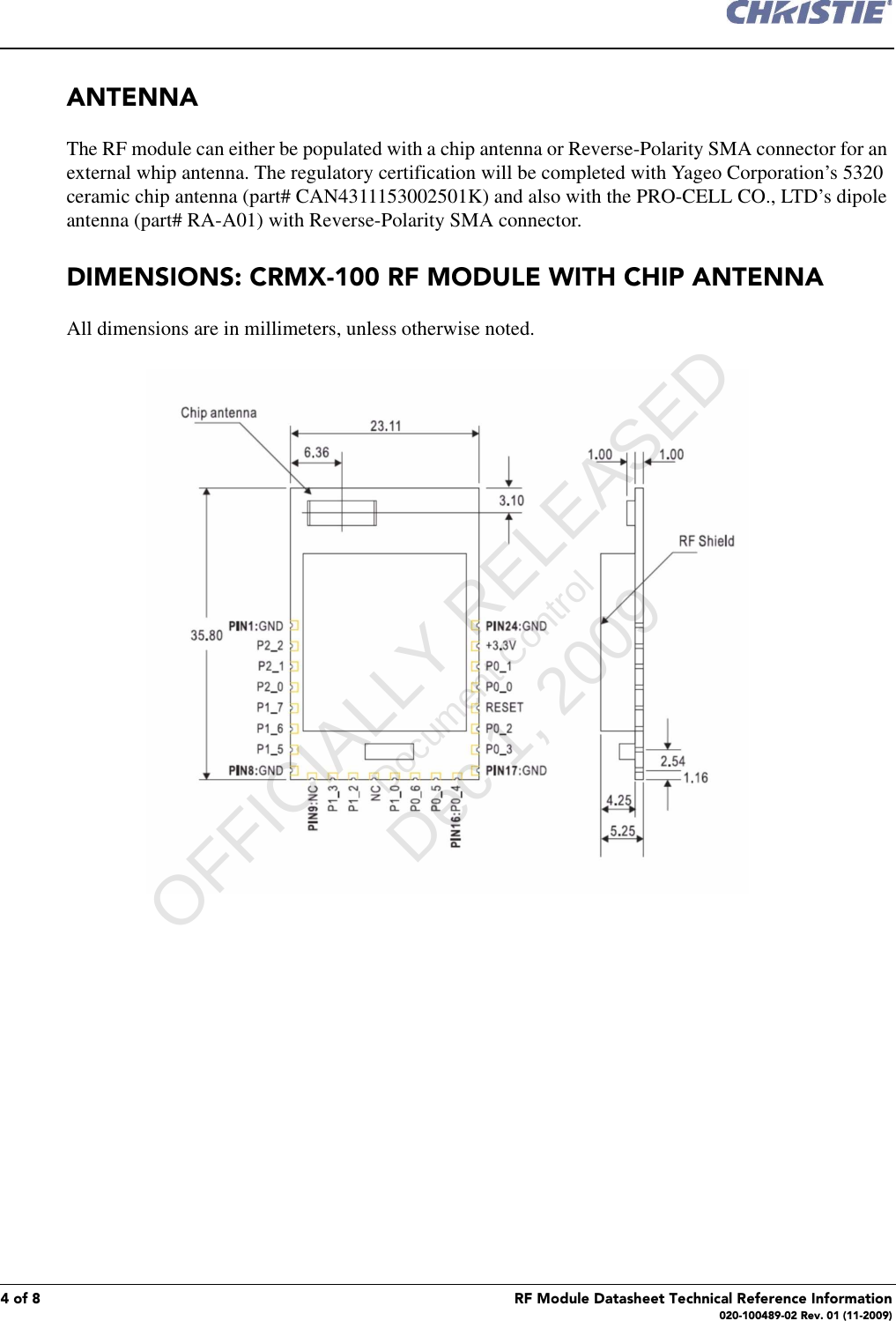 4 of 8 RF Module Datasheet Technical Reference Information020-100489-02 Rev. 01 (11-2009)ANTENNAThe RF module can either be populated with a chip antenna or Reverse-Polarity SMA connector for an external whip antenna. The regulatory certification will be completed with Yageo Corporation&rsquo;s 5320 ceramic chip antenna (part# CAN4311153002501K) and also with the PRO-CELL CO., LTD&rsquo;s dipole antenna (part# RA-A01) with Reverse-Polarity SMA connector.  DIMENSIONS: CRMX-100 RF MODULE WITH CHIP ANTENNAAll dimensions are in millimeters, unless otherwise noted.      OFFICIALLY RELEASED Document Control Dec 1, 2009   