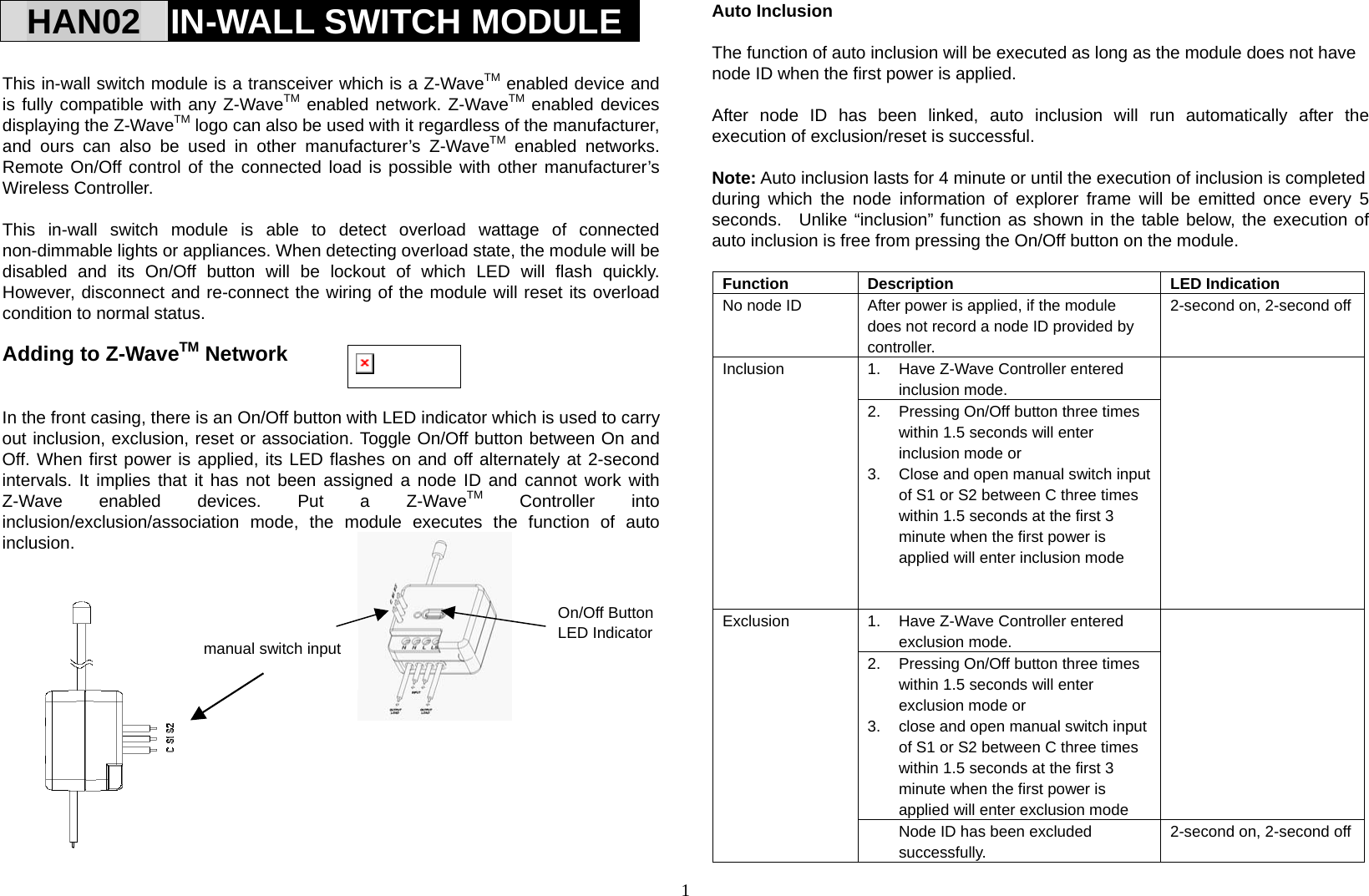 1 HAN02  IN-WALL SWITCH MODULE  This in-wall switch module is a transceiver which is a Z-WaveTM enabled device and is fully compatible with any Z-WaveTM enabled network. Z-WaveTM enabled devices displaying the Z-WaveTM logo can also be used with it regardless of the manufacturer, and ours can also be used in other manufacturer’s Z-WaveTM enabled networks. Remote On/Off control of the connected load is possible with other manufacturer’s Wireless Controller.    This in-wall switch module is able to detect overload wattage of connected non-dimmable lights or appliances. When detecting overload state, the module will be disabled and its On/Off button will be lockout of which LED will flash quickly.  However, disconnect and re-connect the wiring of the module will reset its overload condition to normal status.  Adding to Z-WaveTM Network   In the front casing, there is an On/Off button with LED indicator which is used to carry out inclusion, exclusion, reset or association. Toggle On/Off button between On and Off. When first power is applied, its LED flashes on and off alternately at 2-second intervals. It implies that it has not been assigned a node ID and cannot work with Z-Wave enabled devices. Put a Z-WaveTM Controller into inclusion/exclusion/association mode, the module executes the function of auto inclusion.                Auto Inclusion  The function of auto inclusion will be executed as long as the module does not have node ID when the first power is applied.  After node ID has been linked, auto inclusion will run automatically after the execution of exclusion/reset is successful.  Note: Auto inclusion lasts for 4 minute or until the execution of inclusion is completed   during which the node information of explorer frame will be emitted once every 5 seconds.  Unlike “inclusion” function as shown in the table below, the execution of auto inclusion is free from pressing the On/Off button on the module.  Function Description  LED Indication No node ID  After power is applied, if the module does not record a node ID provided by controller. 2-second on, 2-second off 1.  Have Z-Wave Controller entered inclusion mode. Inclusion 2.  Pressing On/Off button three times within 1.5 seconds will enter inclusion mode or 3.  Close and open manual switch input of S1 or S2 between C three times within 1.5 seconds at the first 3 minute when the first power is applied will enter inclusion mode    1.  Have Z-Wave Controller entered exclusion mode. 2.  Pressing On/Off button three times within 1.5 seconds will enter exclusion mode or 3.  close and open manual switch input of S1 or S2 between C three times within 1.5 seconds at the first 3 minute when the first power is applied will enter exclusion mode  Exclusion Node ID has been excluded successfully. 2-second on, 2-second off On/Off ButtonLED Indicatormanual switch input 