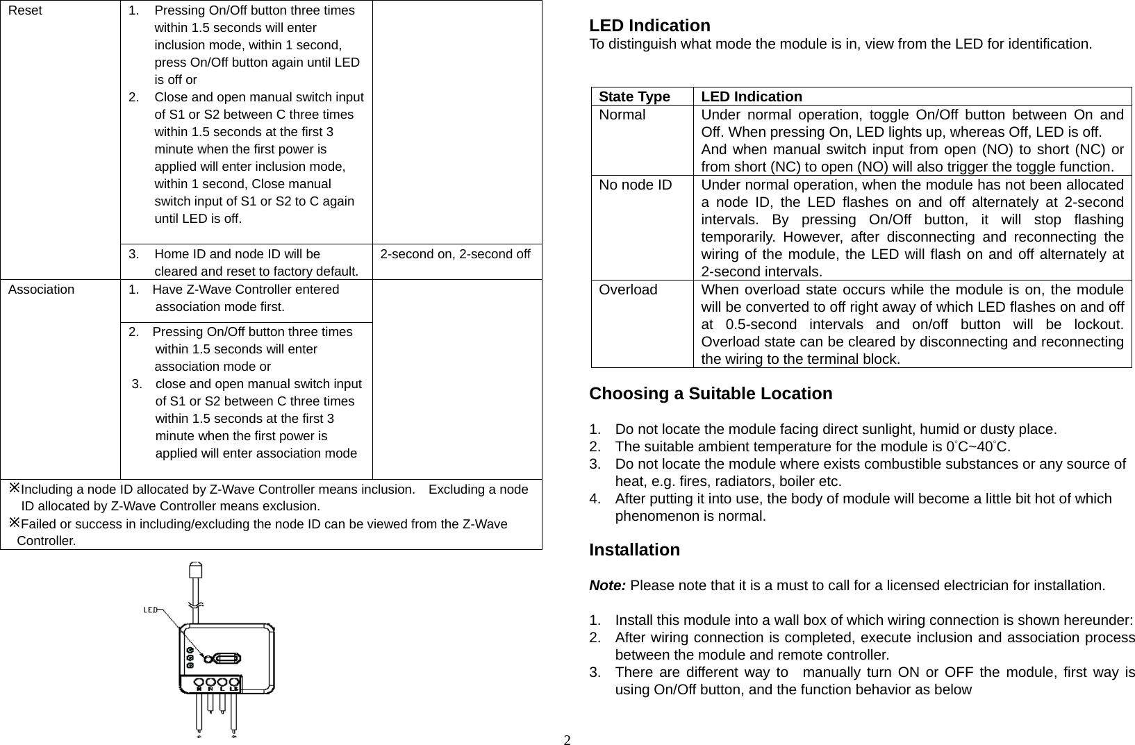 2 1.  Pressing On/Off button three times within 1.5 seconds will enter inclusion mode, within 1 second, press On/Off button again until LED is off or 2.  Close and open manual switch input of S1 or S2 between C three times within 1.5 seconds at the first 3 minute when the first power is applied will enter inclusion mode, within 1 second, Close manual switch input of S1 or S2 to C again until LED is off.   Reset 3.  Home ID and node ID will be cleared and reset to factory default. 2-second on, 2-second off1.    Have Z-Wave Controller entered association mode first. Association 2.    Pressing On/Off button three times within 1.5 seconds will enter association mode or   3.    close and open manual switch input of S1 or S2 between C three times within 1.5 seconds at the first 3 minute when the first power is applied will enter association mode   Including a node ID allocated by Z-Wave Controller means inclusion.    Excluding a node ID allocated by Z-Wave Controller means exclusion. Failed or success in including/excluding the node ID can be viewed from the Z-Wave Controller.              LED Indication To distinguish what mode the module is in, view from the LED for identification.   State Type  LED Indication Normal  Under normal operation, toggle On/Off button between On and Off. When pressing On, LED lights up, whereas Off, LED is off. And when manual switch input from open (NO) to short (NC) or from short (NC) to open (NO) will also trigger the toggle function. No node ID  Under normal operation, when the module has not been allocated a node ID, the LED flashes on and off alternately at 2-second intervals. By pressing On/Off button, it will stop flashing temporarily. However, after disconnecting and reconnecting the wiring of the module, the LED will flash on and off alternately at 2-second intervals. Overload  When overload state occurs while the module is on, the module will be converted to off right away of which LED flashes on and off at 0.5-second intervals and on/off button will be lockout.  Overload state can be cleared by disconnecting and reconnecting the wiring to the terminal block.  Choosing a Suitable Location  1.  Do not locate the module facing direct sunlight, humid or dusty place. 2.  The suitable ambient temperature for the module is 0°C~40°C. 3.  Do not locate the module where exists combustible substances or any source of heat, e.g. fires, radiators, boiler etc. 4.  After putting it into use, the body of module will become a little bit hot of which phenomenon is normal.  Installation  Note: Please note that it is a must to call for a licensed electrician for installation.  1.  Install this module into a wall box of which wiring connection is shown hereunder: 2.  After wiring connection is completed, execute inclusion and association process between the module and remote controller. 3.  There are different way to  manually turn ON or OFF the module, first way is using On/Off button, and the function behavior as below  