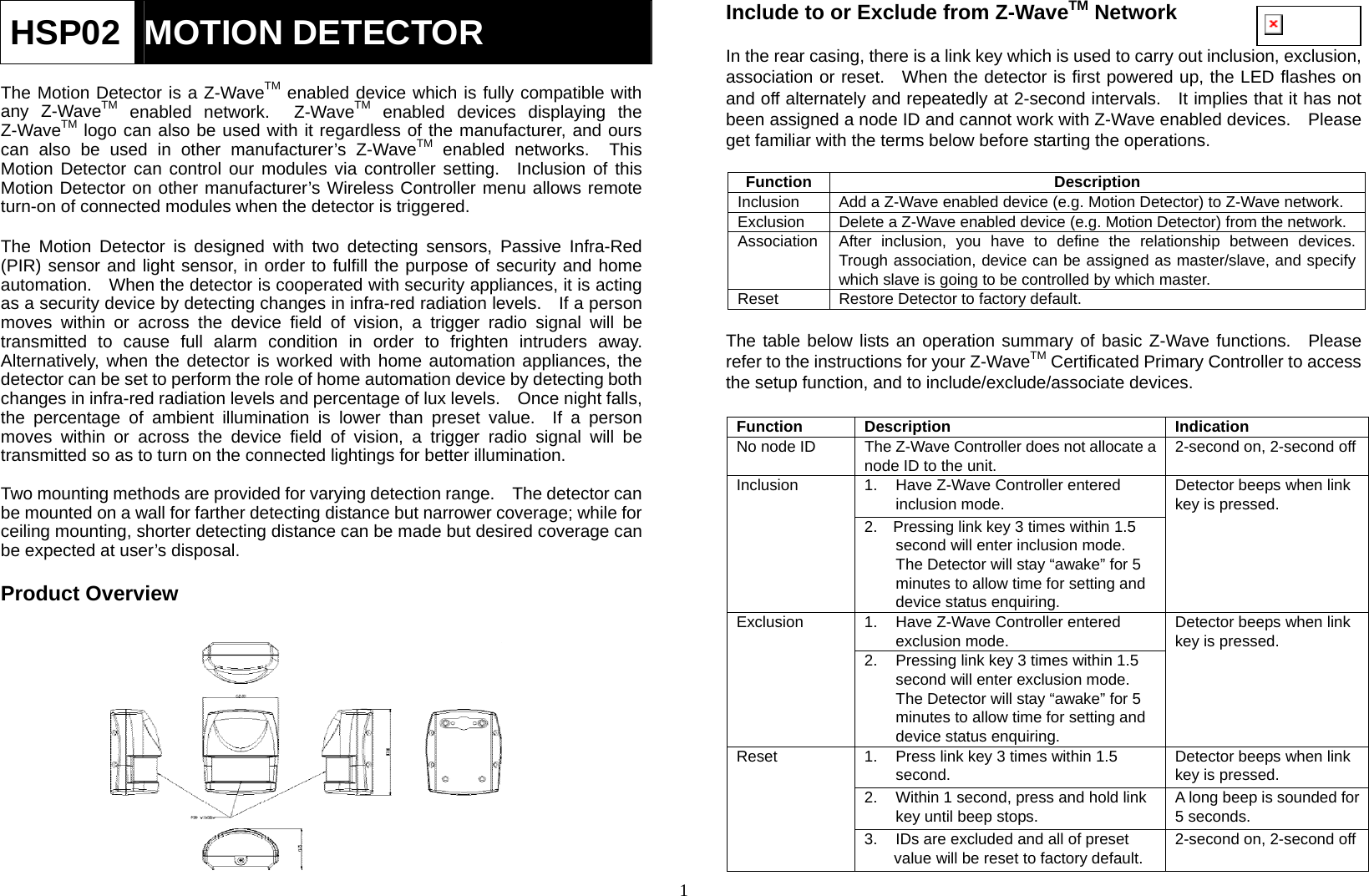  1HSP02  MOTION DETECTOR  The Motion Detector is a Z-WaveTM enabled device which is fully compatible with any Z-WaveTM enabled network.  Z-WaveTM enabled devices displaying the Z-WaveTM logo can also be used with it regardless of the manufacturer, and ours can also be used in other manufacturer’s Z-WaveTM enabled networks.  This Motion Detector can control our modules via controller setting.  Inclusion of this Motion Detector on other manufacturer’s Wireless Controller menu allows remote turn-on of connected modules when the detector is triggered.  The Motion Detector is designed with two detecting sensors, Passive Infra-Red (PIR) sensor and light sensor, in order to fulfill the purpose of security and home automation.    When the detector is cooperated with security appliances, it is acting as a security device by detecting changes in infra-red radiation levels.    If a person moves within or across the device field of vision, a trigger radio signal will be transmitted to cause full alarm condition in order to frighten intruders away. Alternatively, when the detector is worked with home automation appliances, the detector can be set to perform the role of home automation device by detecting both changes in infra-red radiation levels and percentage of lux levels.    Once night falls, the percentage of ambient illumination is lower than preset value.  If a person moves within or across the device field of vision, a trigger radio signal will be transmitted so as to turn on the connected lightings for better illumination.  Two mounting methods are provided for varying detection range.    The detector can be mounted on a wall for farther detecting distance but narrower coverage; while for ceiling mounting, shorter detecting distance can be made but desired coverage can be expected at user’s disposal.    Product Overview             Include to or Exclude from Z-WaveTM Network  In the rear casing, there is a link key which is used to carry out inclusion, exclusion, association or reset.  When the detector is first powered up, the LED flashes on and off alternately and repeatedly at 2-second intervals.   It implies that it has not been assigned a node ID and cannot work with Z-Wave enabled devices.    Please get familiar with the terms below before starting the operations.  Function Description Inclusion   Add a Z-Wave enabled device (e.g. Motion Detector) to Z-Wave network. Exclusion   Delete a Z-Wave enabled device (e.g. Motion Detector) from the network. Association  After inclusion, you have to define the relationship between devices. Trough association, device can be assigned as master/slave, and specify which slave is going to be controlled by which master. Reset Restore Detector to factory default.  The table below lists an operation summary of basic Z-Wave functions.  Please refer to the instructions for your Z-WaveTM Certificated Primary Controller to access the setup function, and to include/exclude/associate devices.  Function Description  Indication No node ID  The Z-Wave Controller does not allocate a node ID to the unit.  2-second on, 2-second off 1.  Have Z-Wave Controller entered inclusion mode. Inclusion 2.    Pressing link key 3 times within 1.5 second will enter inclusion mode.   The Detector will stay “awake” for 5 minutes to allow time for setting and device status enquiring. Detector beeps when link key is pressed. 1.  Have Z-Wave Controller entered exclusion mode. Exclusion 2.  Pressing link key 3 times within 1.5 second will enter exclusion mode.   The Detector will stay “awake” for 5 minutes to allow time for setting and device status enquiring.     Detector beeps when link key is pressed. 1.  Press link key 3 times within 1.5 second.  Detector beeps when link key is pressed. 2.  Within 1 second, press and hold link key until beep stops.  A long beep is sounded for 5 seconds. Reset 3.  IDs are excluded and all of preset value will be reset to factory default.  2-second on, 2-second off 