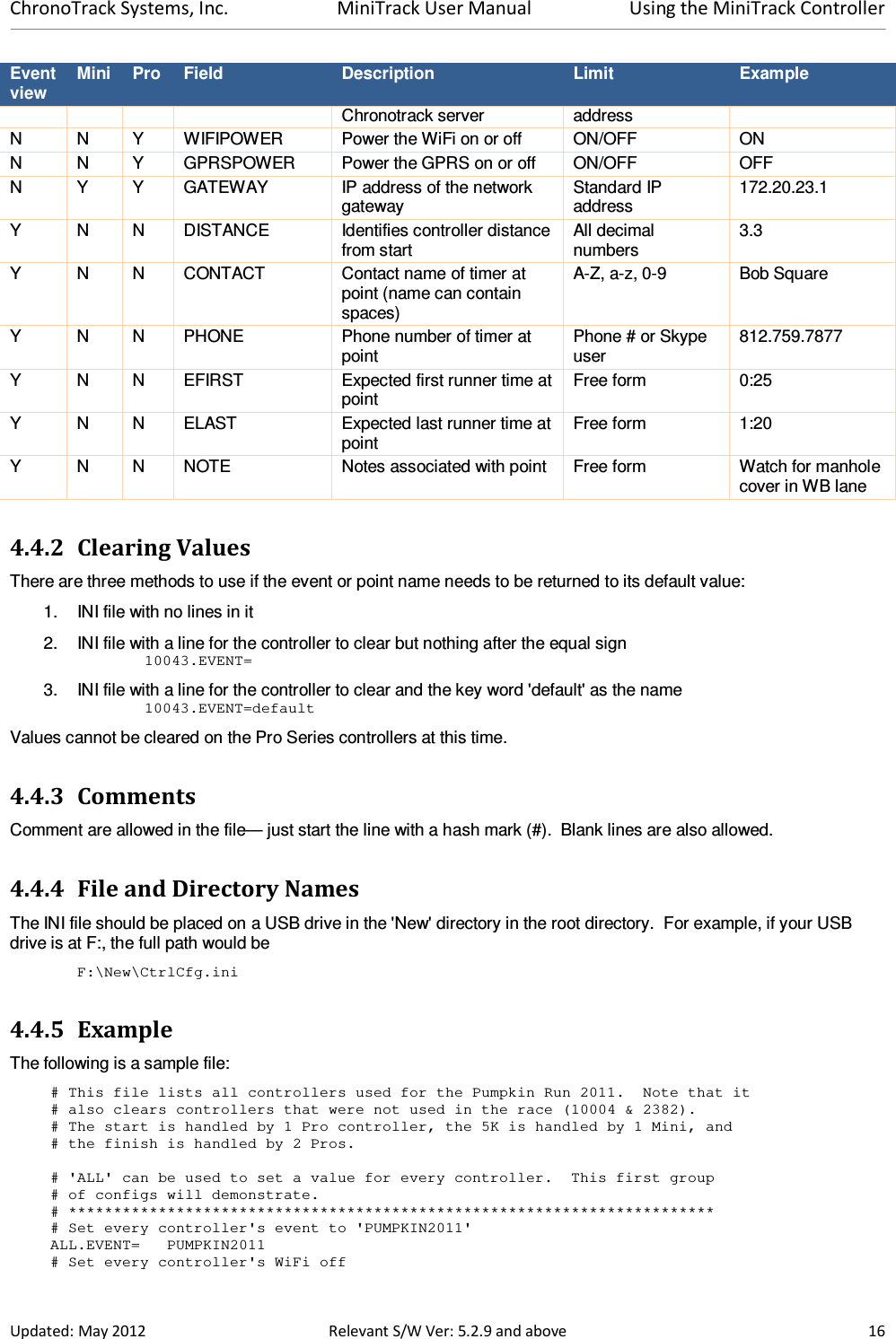 ChronoTrack Systems, Inc.  MiniTrack User Manual  Using the MiniTrack Controller  Updated: May 2012  Relevant S/W Ver: 5.2.9 and above  16 Event view Mini  Pro  Field  Description  Limit  Example Chronotrack server  address N  N  Y  WIFIPOWER  Power the WiFi on or off  ON/OFF  ON N  N  Y  GPRSPOWER  Power the GPRS on or off  ON/OFF  OFF N  Y  Y  GATEWAY  IP address of the network gateway Standard IP address 172.20.23.1 Y  N  N  DISTANCE  Identifies controller distance from start All decimal numbers 3.3 Y  N  N  CONTACT  Contact name of timer at point (name can contain spaces) A-Z, a-z, 0-9  Bob Square Y  N  N  PHONE  Phone number of timer at point Phone # or Skype user 812.759.7877 Y  N  N  EFIRST  Expected first runner time at point Free form  0:25 Y  N  N  ELAST  Expected last runner time at point Free form  1:20 Y  N  N  NOTE  Notes associated with point  Free form  Watch for manhole cover in WB lane 4.4.2 Clearing Values There are three methods to use if the event or point name needs to be returned to its default value: 1.  INI file with no lines in it 2.  INI file with a line for the controller to clear but nothing after the equal sign  10043.EVENT= 3.  INI file with a line for the controller to clear and the key word &apos;default&apos; as the name  10043.EVENT=default Values cannot be cleared on the Pro Series controllers at this time. 4.4.3 Comments Comment are allowed in the file— just start the line with a hash mark (#).  Blank lines are also allowed. 4.4.4 File and Directory Names The INI file should be placed on a USB drive in the &apos;New&apos; directory in the root directory.  For example, if your USB drive is at F:, the full path would be F:\New\CtrlCfg.ini 4.4.5 Example The following is a sample file: # This file lists all controllers used for the Pumpkin Run 2011.  Note that it # also clears controllers that were not used in the race (10004 &amp; 2382). # The start is handled by 1 Pro controller, the 5K is handled by 1 Mini, and # the finish is handled by 2 Pros.  # &apos;ALL&apos; can be used to set a value for every controller.  This first group # of configs will demonstrate. # ************************************************************************ # Set every controller&apos;s event to &apos;PUMPKIN2011&apos; ALL.EVENT=   PUMPKIN2011 # Set every controller&apos;s WiFi off 