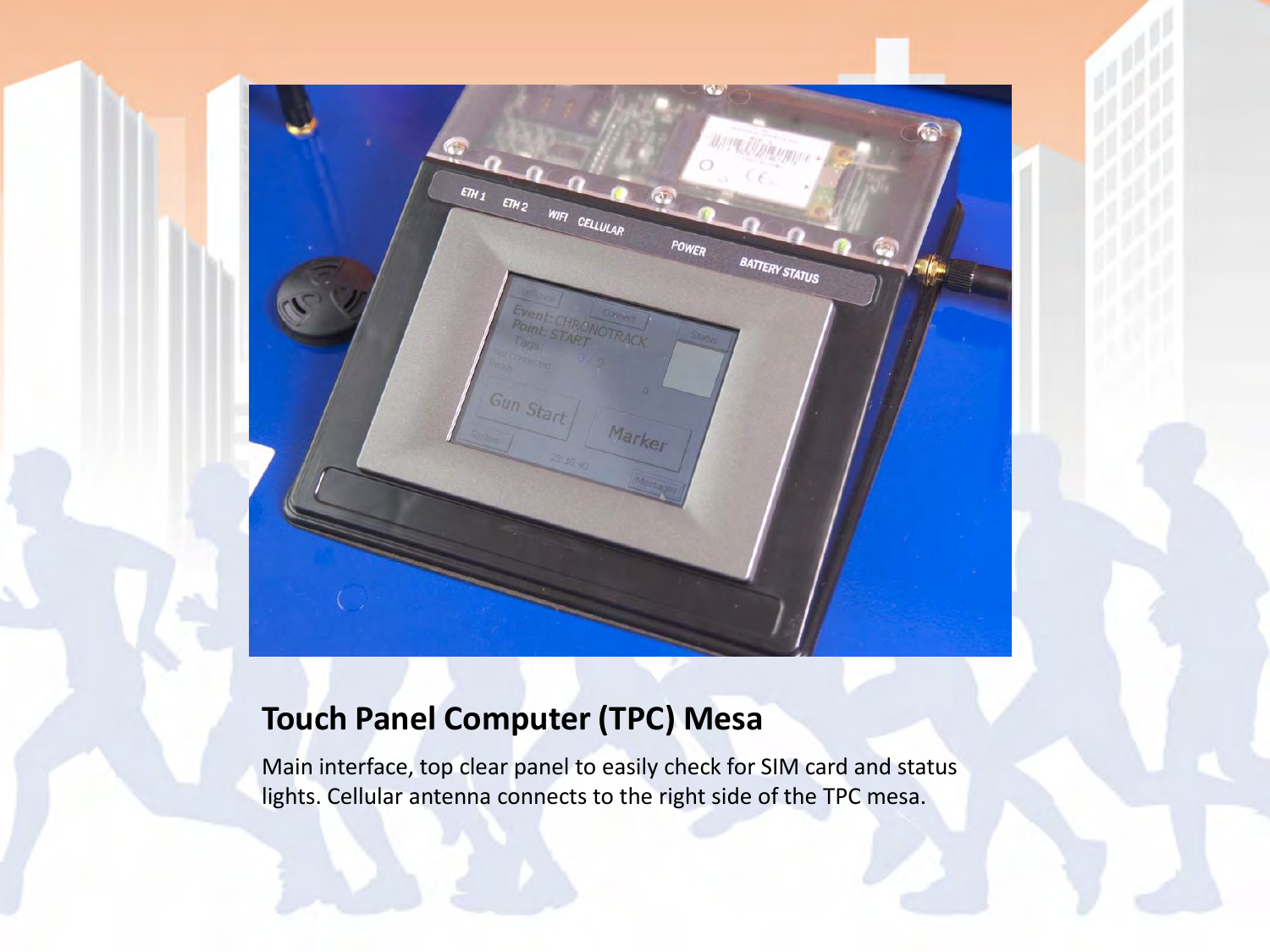 Touch Panel Computer (TPC) Mesa Main interface, top clear panel to easily check for SIM card and status lights. Cellular antenna connects to the right side of the TPC mesa. 