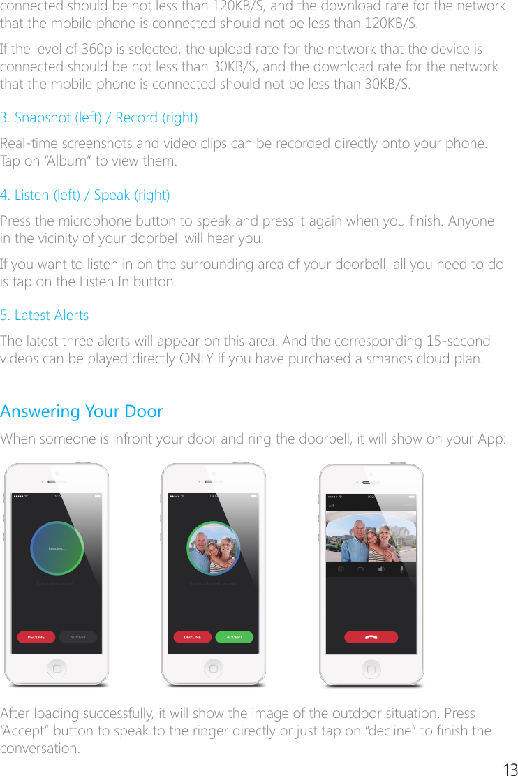 12 13connected should be not less than 120KB/S, and the download rate for the network that the mobile phone is connected should not be less than 120KB/S.If the level of 360p is selected, the upload rate for the network that the device is connected should be not less than 30KB/S, and the download rate for the network that the mobile phone is connected should not be less than 30KB/S.3. Snapshot (left) / Record (right)Real�time screenshots and video clips can be recorded directly onto your phone. Tap on &ldquo;Album&rdquo; to view them.4. Listen (left) / Speak (right)Press the microphone button to speak and press it again when you nish. Anyone in the vicinity of your doorbell will hear you.If you want to listen in on the surrounding area of your doorbell, all you need to do is tap on the Listen In button.5. Latest AlertsThe latest three alerts will appear on this area. And the corresponding 15�second videos can be played directly ONLY if you have purchased a smanos cloud plan.Answering Your DoorWhen someone is infront your door and ring the doorbell, it will show on your App:After loading successfully, it will show the image of the outdoor situation. Press &ldquo;Accept&rdquo; button to speak to the ringer directly or just tap on &ldquo;decline&rdquo; to nish the conversation.