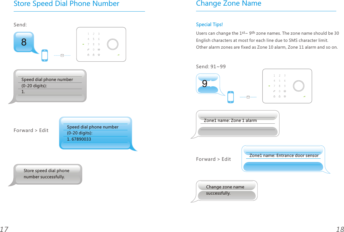 Store Speed Dial Phone Number18178Send: Speed dial phone number(0-20 digits):  1. 67890033Forward > EditStore speed dial phone number successfully.Speed dial phone number(0-20 digits): 1. 91Change Zone NameSpecial Tips!st thUsers can change the 1 ~ 9  zone names. The zone name should be 30 English characters at most for each line due to SMS character limit. Other alarm zones are fixed as Zone 10 alarm, Zone 11 alarm and so on.Send: 91~99 Zone1 name: Zone 1 alarmZone1 name: Entrance door sensorForward > EditChange zone name successfully.