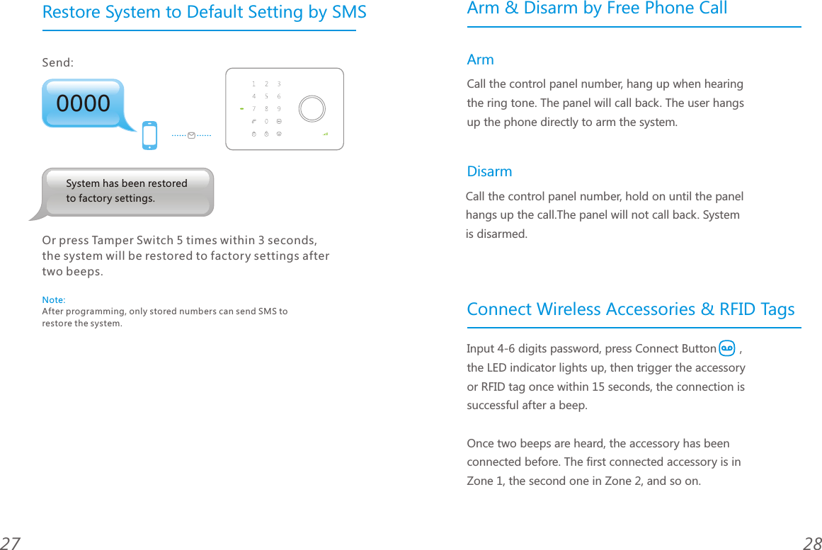 0000Restore System to Default Setting by SMSSend: 2827System has been restored to factory settings.Note: After programming, only stored numbers can send SMS to restore the system.Or press Tamper Switch 5 times within 3 seconds,the system will be restored to factory settings aftertwo beeps.Arm &amp; Disarm by Free Phone CallConnect Wireless Accessories &amp; RFID TagsArm DisarmCall the control panel number, hang up when hearing the ring tone. The panel will call back. The user hangs up the phone directly to arm the system. Call the control panel number, hold on until the panel hangs up the call.The panel will not call back. System is disarmed.Input 4-6 digits password, press Connect Button   , the LED indicator lights up, then trigger the accessory or RFID tag once within 15 seconds, the connection is successful after a beep.Once two beeps are heard, the accessory has been connected before. The first connected accessory is in Zone 1, the second one in Zone 2, and so on.