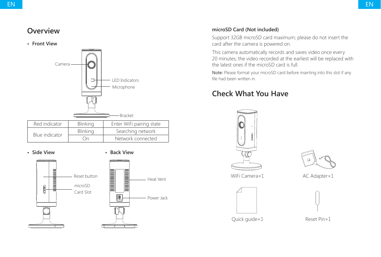 ENENOverview&bull;  Front ViewLED IndicatorsCameraMicrophoneBracketRed indicator Blinking Enter WiFi pairing stateBlue indicator Blinking Searching networkOn Network connected&bull;  Side View  &bull;  Back ViewReset buttonmicroSD Card SlotHeat VentPower JackmicroSD Card (Not included)Support 32GB microSD card maximum; please do not insert the card after the camera is powered on.This camera automatically records and saves video once every 20 minutes; the video recorded at the earliest will be replaced with the latest ones if the microSD card is full.Note: Please format your microSD card before inserting into this slot if any le had been written in.Check What You HaveWiFi Camera&times;1 AC Adapter&times;1Quick guide&times;1 Reset Pin&times;1