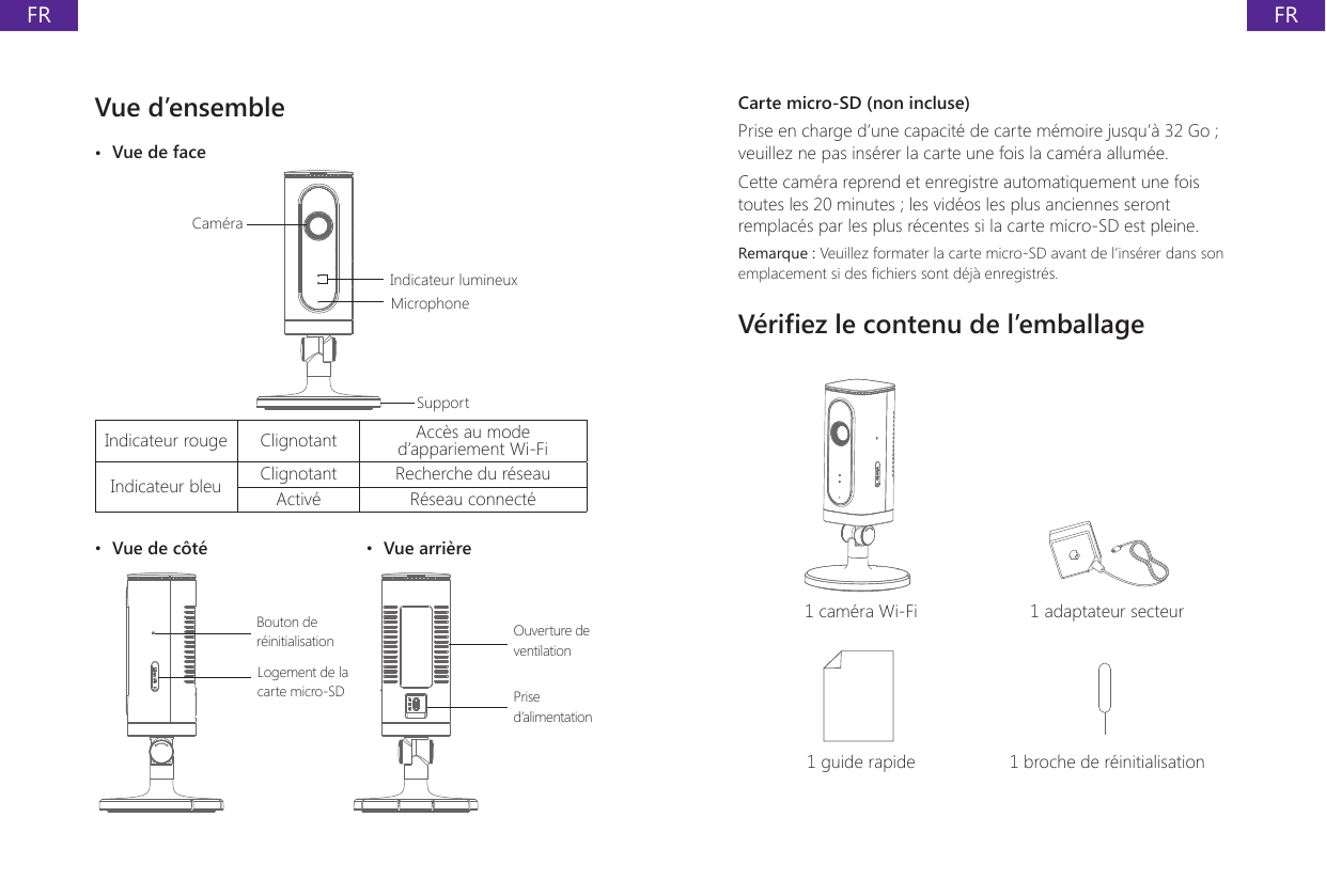 FRFRVue d&rsquo;ensemble&bull;  Vue de faceIndicateur lumineuxCam&eacute;raMicrophoneSupportIndicateur rouge Clignotant Acc&egrave;s au mode d&rsquo;appariement Wi-FiIndicateur bleu Clignotant Recherche du r&eacute;seauActiv&eacute; R&eacute;seau connect&eacute;&bull;  Vue de c&ocirc;t&eacute;  &bull;  Vue arri&egrave;reBouton de r&eacute;initialisationLogement de la carte micro-SDOuverture de ventilationPrise d&rsquo;alimentationCarte micro-SD (non incluse)Prise en charge d&rsquo;une capacit&eacute; de carte m&eacute;moire jusqu&rsquo;&agrave; 32 Go ; veuillez ne pas ins&eacute;rer la carte une fois la cam&eacute;ra allum&eacute;e.Cette cam&eacute;ra reprend et enregistre automatiquement une fois toutes les 20 minutes ; les vid&eacute;os les plus anciennes seront remplac&eacute;s par les plus r&eacute;centes si la carte micro-SD est pleine.Remarque : Veuillez formater la carte micro-SD avant de l&rsquo;ins&eacute;rer dans son emplacement si des chiers sont d&eacute;j&agrave; enregistr&eacute;s.V&eacute;riez le contenu de l&rsquo;emballage1 cam&eacute;ra Wi-Fi 1 adaptateur secteur1 guide rapide 1 broche de r&eacute;initialisation
