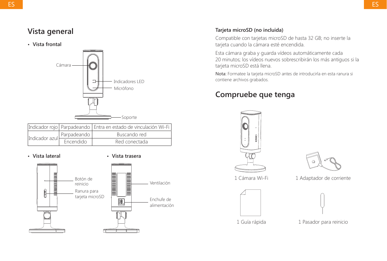 Vista general&bull;  Vista frontalIndicadores LEDC&aacute;maraMicr&oacute;fonoSoporteIndicador rojo Parpadeando Entra en estado de vinculaci&oacute;n Wi-FiIndicador azul Parpadeando Buscando redEncendido Red conectada&bull;  Vista lateral  &bull;  Vista traseraBot&oacute;n de reinicioRanura para tarjeta microSDVentilaci&oacute;nEnchufe de alimentaci&oacute;nTarjeta microSD (no incluida)Compatible con tarjetas microSD de hasta 32 GB; no inserte la tarjeta cuando la c&aacute;mara est&eacute; encendida.Esta c&aacute;mara graba y guarda v&iacute;deos autom&aacute;ticamente cada 20 minutos; los v&iacute;deos nuevos sobrescribir&aacute;n los m&aacute;s antiguos si la tarjeta microSD est&aacute; llena.Nota: Formatee la tarjeta microSD antes de introducirla en esta ranura si contiene archivos grabados.Compruebe que tenga1 C&aacute;mara Wi-Fi 1 Adaptador de corriente1 Gu&iacute;a r&aacute;pida 1 Pasador para reinicioESES