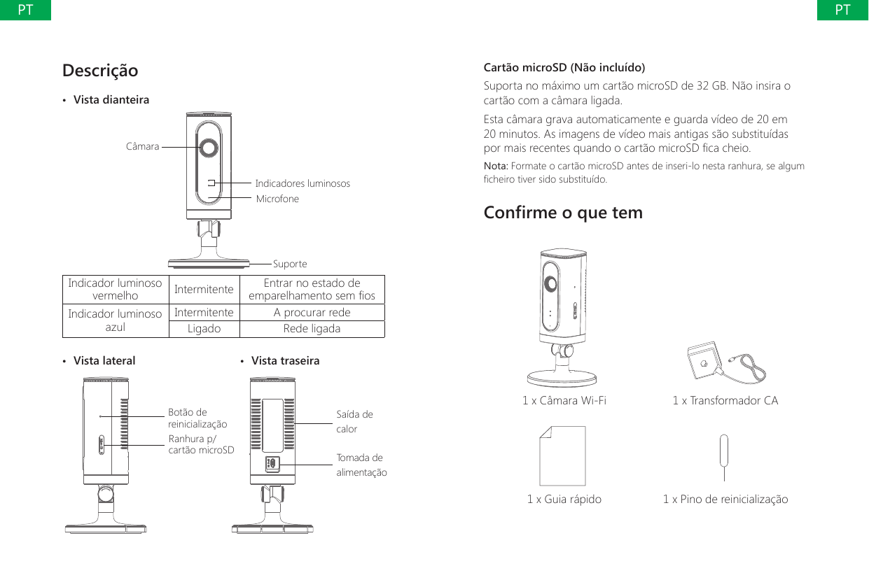 Descri&ccedil;&atilde;o&bull;  Vista dianteiraIndicadores luminososC&acirc;maraMicrofoneSuporteIndicador luminoso vermelho Intermitente Entrar no estado de emparelhamento sem osIndicador luminoso azulIntermitente A procurar redeLigado Rede ligada&bull;  Vista lateral  &bull;  Vista traseiraBot&atilde;o de reinicializa&ccedil;&atilde;oRanhura p/ cart&atilde;o microSDSa&iacute;da de calorTomada de alimenta&ccedil;&atilde;oCart&atilde;o microSD (N&atilde;o inclu&iacute;do)Suporta no m&aacute;ximo um cart&atilde;o microSD de 32 GB. N&atilde;o insira o cart&atilde;o com a c&acirc;mara ligada.Esta c&acirc;mara grava automaticamente e guarda v&iacute;deo de 20 em 20 minutos. As imagens de v&iacute;deo mais antigas s&atilde;o substitu&iacute;das por mais recentes quando o cart&atilde;o microSD ca cheio.Nota: Formate o cart&atilde;o microSD antes de inseri-lo nesta ranhura, se algum cheiro tiver sido substitu&iacute;do.Conrme o que tem1 x C&acirc;mara Wi-Fi 1 x Transformador CA1 x Guia r&aacute;pido 1 x Pino de reinicializa&ccedil;&atilde;oPTPT