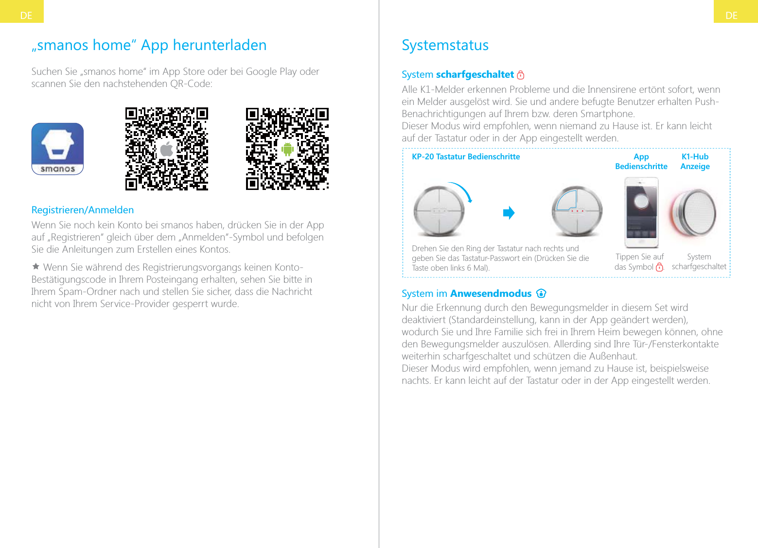 DEDESystemstatusSystem scharfgeschaltet   Alle K1-Melder erkennen Probleme und die Innensirene ert&ouml;nt sofort, wenn ein Melder ausgel&ouml;st wird. Sie und andere befugte Benutzer erhalten Push-Benachrichtigungen auf Ihrem bzw. deren Smartphone.Dieser Modus wird empfohlen, wenn niemand zu Hause ist. Er kann leicht auf der Tastatur oder in der App eingestellt werden.KP-20 Tastatur BedienschritteDrehen Sie den Ring der Tastatur nach rechts und geben Sie das Tastatur-Passwort ein (Dr&uuml;cken Sie die Tippen Sie auf das Symbol  .System scharfgeschaltetApp BedienschritteK1-Hub AnzeigeSystem im Anwesendmodus Nur die Erkennung durch den Bewegungsmelder in diesem Set wird deaktiviert (Standardeinstellung, kann in der App ge&auml;ndert werden), wodurch Sie und Ihre Familie sich frei in Ihrem Heim bewegen k&ouml;nnen, ohne weiterhin scharfgeschaltet und sch&uuml;tzen die Au&szlig;enhaut.Dieser Modus wird empfohlen, wenn jemand zu Hause ist, beispielsweise nachts. Er kann leicht auf der Tastatur oder in der App eingestellt werden.&bdquo;smanos home&ldquo; App herunterladenSuchen Sie &bdquo;smanos home&ldquo; im App Store oder bei Google Play oder scannen Sie den nachstehenden QR-Code:Registrieren/AnmeldenWenn Sie noch kein Konto bei smanos haben, dr&uuml;cken Sie in der App auf &bdquo;Registrieren&ldquo; gleich &uuml;ber dem &bdquo;Anmelden&ldquo;-Symbol und befolgen Sie die Anleitungen zum Erstellen eines Kontos.&Igrave; Wenn Sie w&auml;hrend des Registrierungsvorgangs keinen Konto-Best&auml;tigungscode in Ihrem Posteingang erhalten, sehen Sie bitte in Ihrem Spam-Ordner nach und stellen Sie sicher, dass die Nachricht nicht von Ihrem Service-Provider gesperrt wurde.