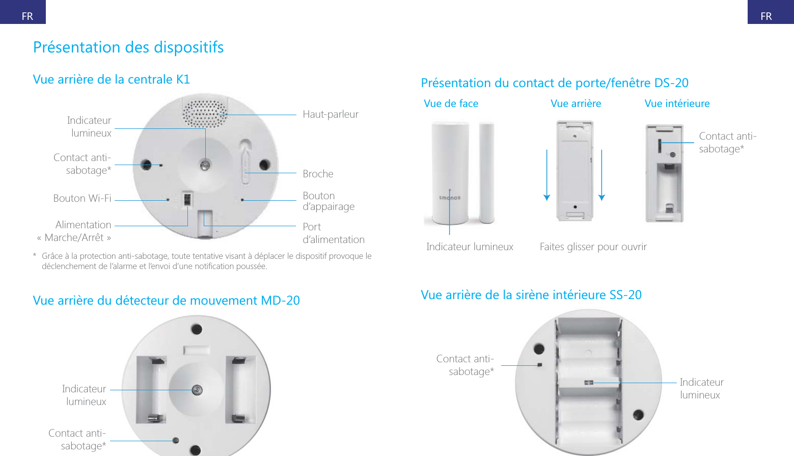 FRFRPr&eacute;sentation des dispositifsIndicateur Haut-parleurBrocheBouton d&rsquo;appairagePort d&rsquo;alimentationContact anti-sabotage*Bouton Wi-FiAlimentation *  Gr&acirc;ce &agrave; la protection anti-sabotage, toute tentative visant &agrave; d&eacute;placer le dispositif provoque le Indicateur Contact anti-sabotage*Pr&eacute;sentation du contact de porte/fen&ecirc;tre DS-20Vue de face  Vue int&eacute;rieureContact anti-sabotage*Cs       Faites glisser pour ouvrirIndicateur Contact anti-sabotage*