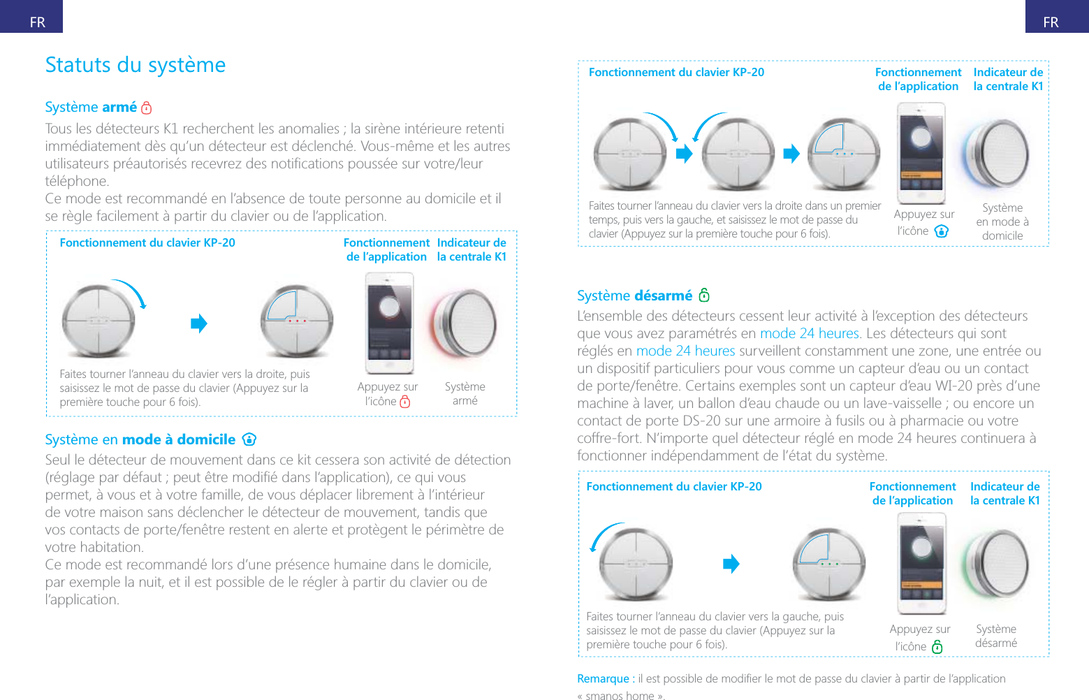 FRFRarm&eacute; imm&eacute;diatement d&egrave;s qu&rsquo;un d&eacute;tecteur est d&eacute;clench&eacute;. Vous-m&ecirc;me et les autres t&eacute;l&eacute;phone.Ce mode est recommand&eacute; en l&rsquo;absence de toute personne au domicile et il se r&egrave;gle facilement &agrave; partir du clavier ou de l&rsquo;application.Fonctionnement du clavier KP-20Faites tourner l&rsquo;anneau du clavier vers la droite, puis saisissez le mot de passe du clavier (Appuyez sur la Appuyez sur l&rsquo;ic&ocirc;ne Syst&egrave;me arm&eacute;Fonctionnement de l&rsquo;applicationIndicateur de la centrale K1mode &agrave; domicile Seul le d&eacute;tecteur de mouvement dans ce kit cessera son activit&eacute; de d&eacute;tection permet, &agrave; vous et &agrave; votre famille, de vous d&eacute;placer librement &agrave; l&rsquo;int&eacute;rieur de votre maison sans d&eacute;clencher le d&eacute;tecteur de mouvement, tandis que votre habitation.Ce mode est recommand&eacute; lors d&rsquo;une pr&eacute;sence humaine dans le domicile, l&rsquo;application.Fonctionnement du clavier KP-20Faites tourner l&rsquo;anneau du clavier vers la droite dans un premier temps, puis vers la gauche, et saisissez le mot de passe du Appuyez sur l&rsquo;ic&ocirc;ne Syst&egrave;me en mode &agrave; domicileFonctionnement de l&rsquo;applicationIndicateur de la centrale K1d&eacute;sarm&eacute; que vous avez param&eacute;tr&eacute;s en mode 24 heures. Les d&eacute;tecteurs qui sont r&eacute;gl&eacute;s en mode 24 heures surveillent constamment une zone, une entr&eacute;e ou un dispositif particuliers pour vous comme un capteur d&rsquo;eau ou un contact contact de porte DS-20 sur une armoire &agrave; fusils ou &agrave; pharmacie ou votre coffre-fort. N&rsquo;importe quel d&eacute;tecteur r&eacute;gl&eacute; en mode 24 heures continuera &agrave; fonctionner ind&eacute;pendamment de l&rsquo;&eacute;tat du syst&egrave;me.Fonctionnement du clavier KP-20Faites tourner l&rsquo;anneau du clavier vers la gauche, puis saisissez le mot de passe du clavier (Appuyez sur la Appuyez sur l&rsquo;ic&ocirc;ne Syst&egrave;me d&eacute;sarm&eacute;Fonctionnement de l&rsquo;applicationIndicateur de la centrale K1Remarque :&laquo; smanos home &raquo;.