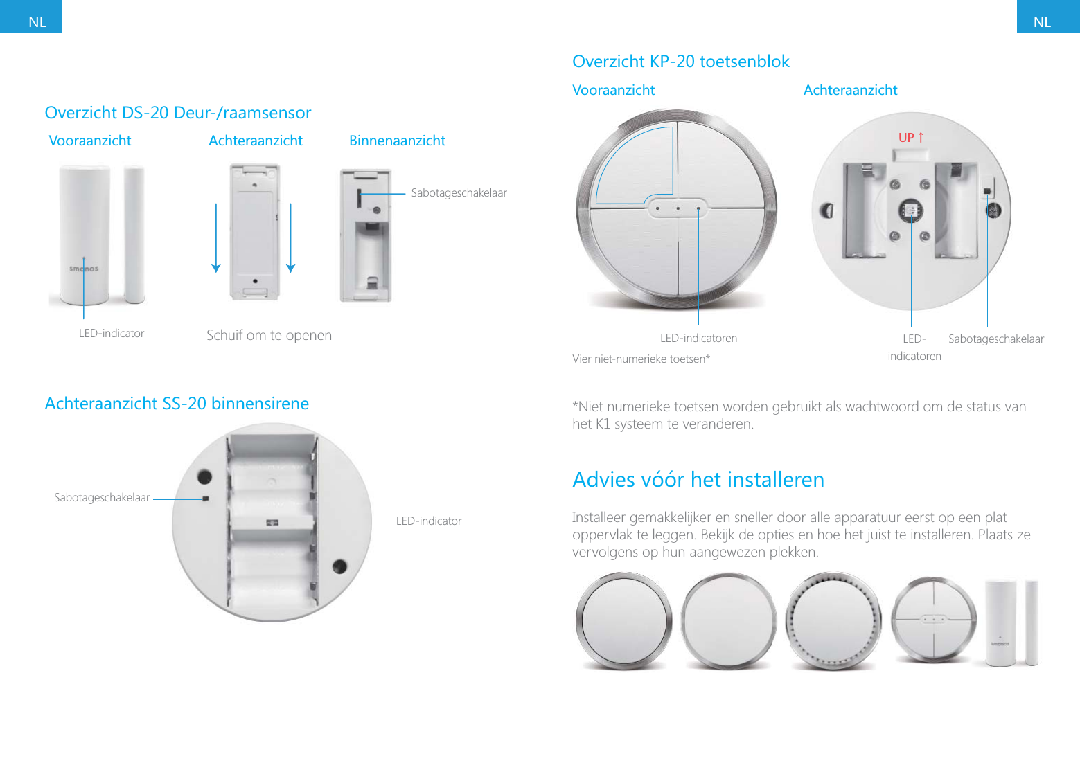 NLNLOverzicht DS-20 Deur-/raamsensorVooraanzicht Achteraanzicht BinnenaanzichtSabotageschakelaarSLED-indicator        Schuif om te openenAchteraanzicht SS-20 binnensireneLED-indicatorSabotageschakelaarOverzicht KP-20 toetsenblokVooraanzicht AchteraanzichtLED-indicatorenVier niet-numerieke toetsen*;6ɑLED-indicatorenSabotageschakelaar*Niet numerieke toetsen worden gebruikt als wachtwoord om de status van het K1 systeem te veranderen.Advies v&oacute;&oacute;r het installerenInstalleer gemakkelijker en sneller door alle apparatuur eerst op een plat oppervlak te leggen. Bekijk de opties en hoe het juist te installeren. Plaats ze vervolgens op hun aangewezen plekken.