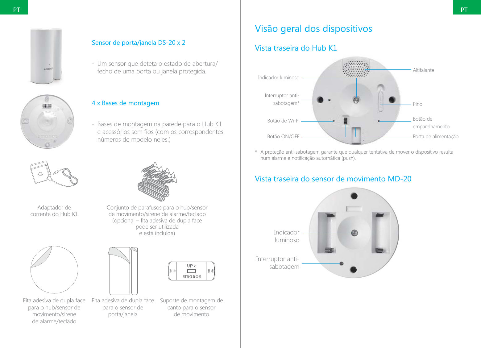 PTPT - fecho de uma porta ou janela protegida.4 x Bases de montagem - Bases de montagem na parede para o Hub K1 n&uacute;meros de modelo neles.)Adaptador de  corrente do Hub K1 pode ser utilizada  e est&aacute; inclu&iacute;da)Fita adesiva de dupla face  Fita adesiva de dupla face para o sensor de  Suporte de montagem de canto para o sensor  de movimentoVis&atilde;o geral dos dispositivosVista traseira do Hub K1Indicador luminosoAltifalantePinoBot&atilde;o de emparelhamentoPorta de alimenta&ccedil;&atilde;oInterruptor anti-sabotagem*Bot&atilde;o de Wi-Fi*  A prote&ccedil;&atilde;o anti-sabotagem garante que qualquer tentativa de mover o dispositivo resulta Vista traseira do sensor de movimento MD-20Indicador luminosoInterruptor anti-sabotagem