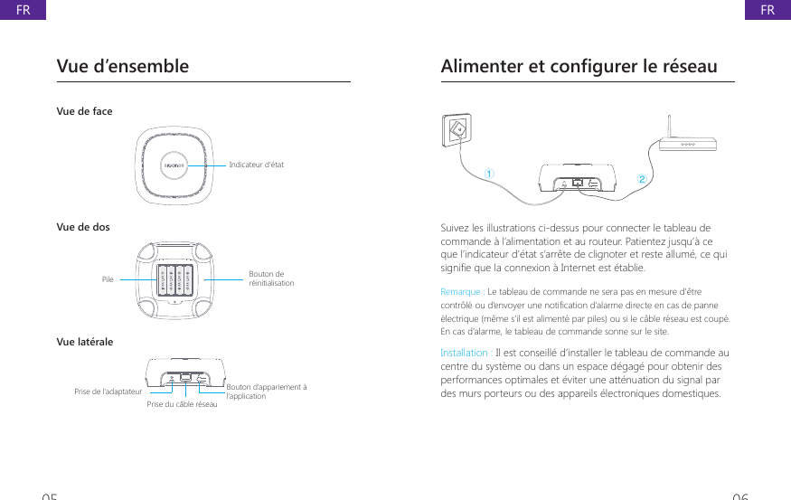 05 06Vue d&rsquo;ensembleVue de face@@@@Indicateur d&rsquo;&eacute;tatVue de dos@@@@Bouton de r&eacute;initialisationPileVue lat&eacute;rale@@@@Bouton d&rsquo;appariement &agrave; l&rsquo;applicationPrise de l&rsquo;adaptateur  Prise du c&acirc;ble r&eacute;seauAlimenter et configurer le r&eacute;seauŁŀSuivez les illustrations ci-dessus pour connecter le tableau de commande &agrave; l&rsquo;alimentation et au routeur. Patientez jusqu&rsquo;&agrave; ce que l&rsquo;indicateur d&rsquo;&eacute;tat s&rsquo;arr&ecirc;te de clignoter et reste allum&eacute;, ce qui VLJQL&Agrave;HTXHODFRQQH[LRQj,QWHUQHWHVWpWDEOLHRemarque : Le tableau de commande ne sera pas en mesure d&rsquo;&ecirc;tre FRQWU{OpRXG&middot;HQYR\HUXQHQRWL&Agrave;FDWLRQG&middot;DODUPHGLUHFWHHQFDVGHSDQQH&eacute;lectrique (m&ecirc;me s&rsquo;il est aliment&eacute; par piles) ou si le c&acirc;ble r&eacute;seau est coup&eacute;. En cas d&rsquo;alarme, le tableau de commande sonne sur le site.Installation : Il est conseill&eacute; d&rsquo;installer le tableau de commande au centre du syst&egrave;me ou dans un espace d&eacute;gag&eacute; pour obtenir des performances optimales et &eacute;viter une att&eacute;nuation du signal par des murs porteurs ou des appareils &eacute;lectroniques domestiques.FRFR