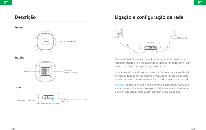 05 06Descri&ccedil;&atilde;oFrente@@@@Indicador de estadoTraseira@@@@Bot&atilde;o de reinicializa&ccedil;&atilde;oBateriaLado@@@@Bot&atilde;o de emparelhamento da aplica&ccedil;&atilde;oSa&iacute;da para o adaptador  Entrada de cabo de redeLiga&ccedil;&atilde;o e configura&ccedil;&atilde;o da redeŁŀSiga as ilustra&ccedil;&otilde;es abaixo para ligar a central &agrave; corrente e ao URWHDGRU(VSHUHDWpRLQGLFDGRUGHHVWDGRSDUDUGHSLVFDUH&Agrave;FDUaceso, isso quer dizer que se ligou &agrave; Internet.Nota: $FHQWUDOSRGHQmRVHUFDSD]GHFRQWURODURXHQYLDUXPDQRWL&Agrave;FDomRem caso de falha de energia (mesmo alimentado por pilhas) ou de corte do cabo de rede; quando um alarme &eacute; accionado, a central soa no local.Instala&ccedil;&atilde;o: Sugere-se instalar a central no meio do sistema ou numa &aacute;rea aberta para optimizar o seu desempenho. Evite paredes estruturais ou a electr&oacute;nica da casa, as quais podem provocar atenua&ccedil;&atilde;o do sinal.PTPT