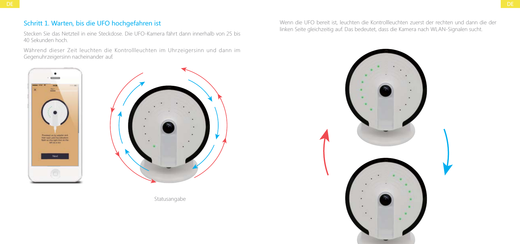 DEDESchritt 1. Warten, bis die UFO hochgefahren istStecken Sie das Netzteil in eine Steckdose. Die UFO-Kamera f&auml;hrt dann innerhalb von 25 bis 40 Sekunden hoch.W&auml;hrend dieser Zeit leuchten die Kontrollleuchten im Uhrzeigersinn und dann im Gegenuhrzeigersinn nacheinander auf.StatusangabeWenn die UFO bereit ist, leuchten die Kontrollleuchten zuerst der rechten und dann die der linken Seite gleichzeitig auf. Das bedeutet, dass die Kamera nach WLAN-Signalen sucht.