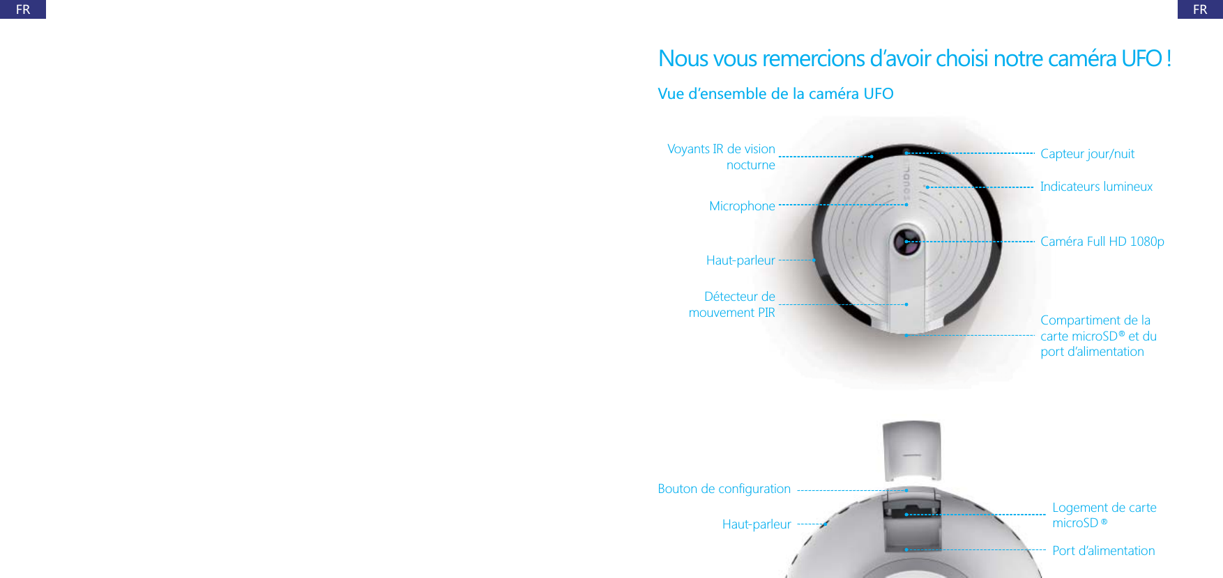 FRFRNous vous remercions d&rsquo;avoir choisi notre cam&eacute;ra UFO !Vue d&rsquo;ensemble de la cam&eacute;ra UFOVoyants IR de vision nocturneMicrophoneHaut-parleurD&eacute;tecteur de mouvement PIRLogement de carte microSD D Capteur jour/nuitPort d&rsquo;alimentationHaut-parleurCam&eacute;ra Full HD 1080pCompartiment de la carte microSD   et du port d&rsquo;alimentation&reg;&reg;