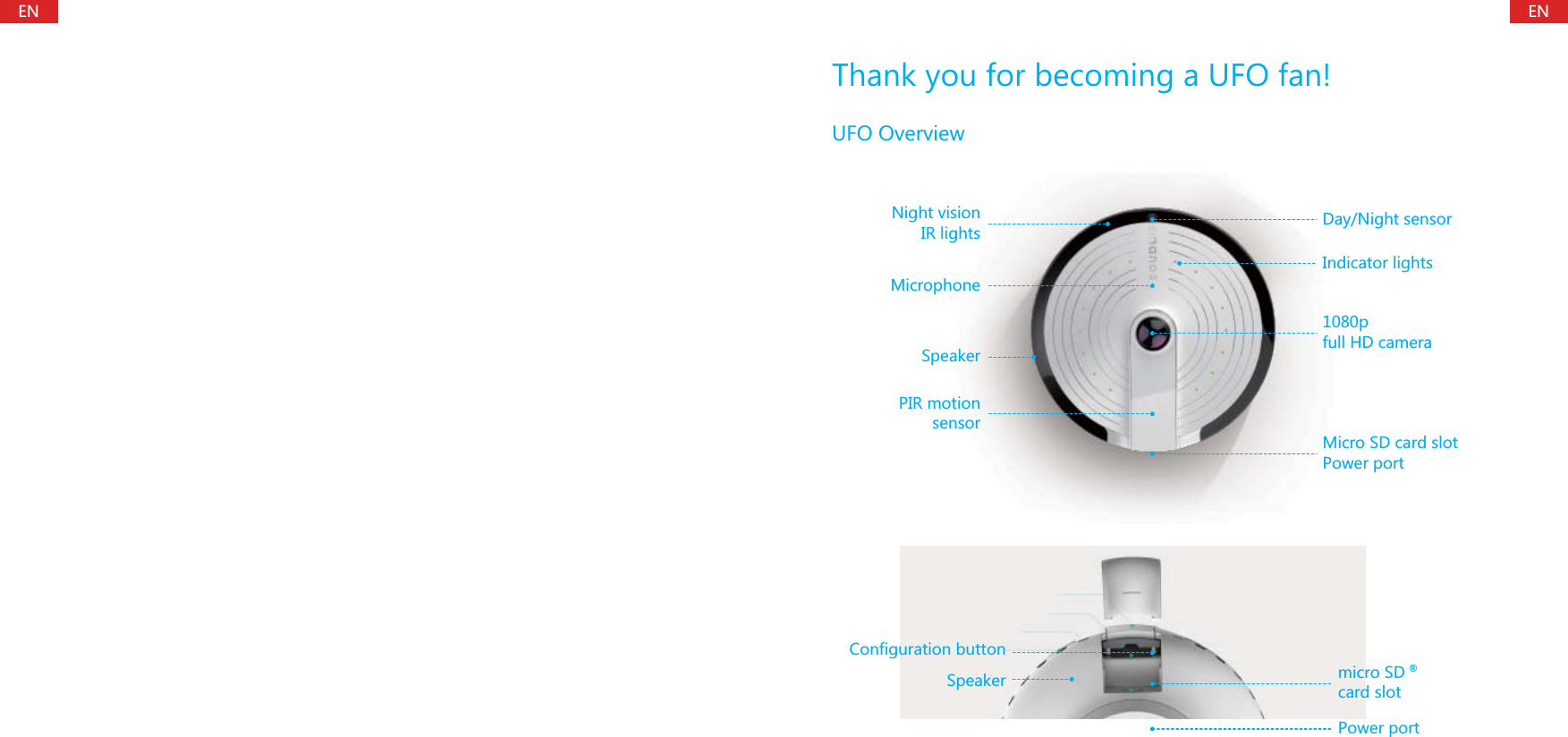 ENENThank you for becoming a UFO fan!UFO OverviewConfiguration buttonmicro SD    card slot&reg;Power portSpeakerDay/Night sensorNight vision IR lightsMicrophoneSpeakerIndicator lights1080p full HD cameraPIR motion sensorMicro SD card slot Power port