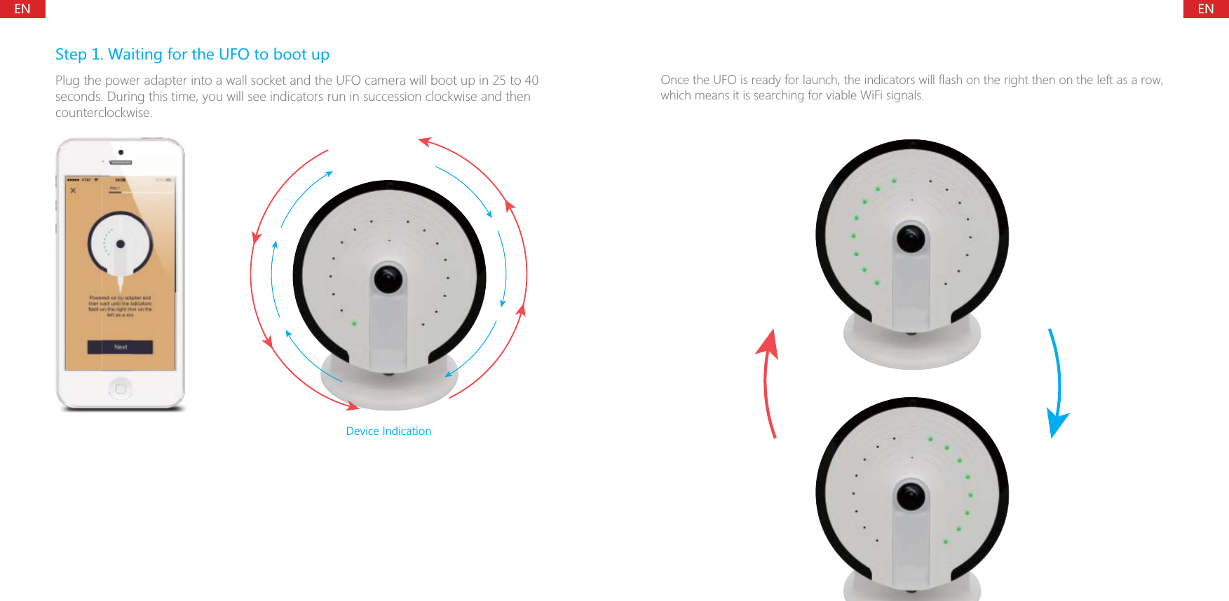 ENENOnce the UFO is ready for launch, the indicators will flash on the right then on the left as a row, which means it is searching for viable WiFi signals.Step 1. Waiting for the UFO to boot upPlug the power adapter into a wall socket and the UFO camera will boot up in 25 to 40 seconds. During this time, you will see indicators run in succession clockwise and then counterclockwise.Device Indication
