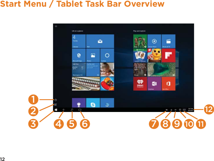 12Start Menu / Tablet Task Bar Overview6 7 8 9 10 115412312