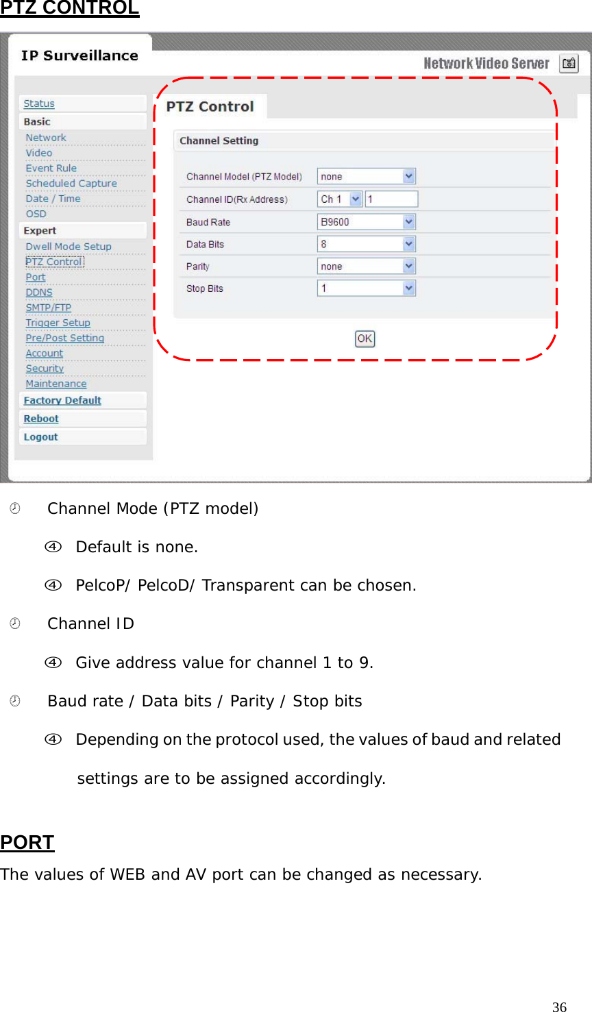 PTZ CONTROL ¤ Channel Mode (PTZ model) f Default is none. f PelcoP/ PelcoD/ Transparent can be chosen. ¤ Channel ID f Give address value for channel 1 to 9. ¤ Baud rate / Data bits / Parity / Stop bits f Depending on the protocol used, the values of baud and related settings are to be assigned accordingly. PORT The values of WEB and AV port can be changed as necessary. 36