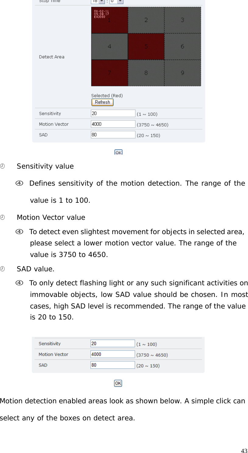 ¤ Sensitivity value f Defines sensitivity of the motion detection. The range of the value is 1 to 100. ¤ Motion Vector value f To detect even slightest movement for objects in selected area, please select a lower motion vector value. The range of the value is 3750 to 4650. ¤ SAD value. f To only detect flashing light or any such significant activities on immovable objects, low SAD value should be chosen. In most cases, high SAD level is recommended. The range of the value is 20 to 150. Motion detection enabled areas look as shown below. A simple click can select any of the boxes on detect area. 43