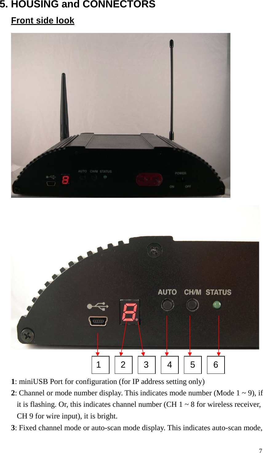 5. HOUSING and CONNECTORS Front side look 1 2 3 4 5 6 1: miniUSB Port for configuration (for IP address setting only) 2: Channel or mode number display. This indicates mode number (Mode 1 ~ 9), if it is flashing. Or, this indicates channel number (CH 1 ~ 8 for wireless receiver, CH 9 for wire input), it is bright. 3: Fixed channel mode or auto-scan mode display. This indicates auto-scan mode, 7