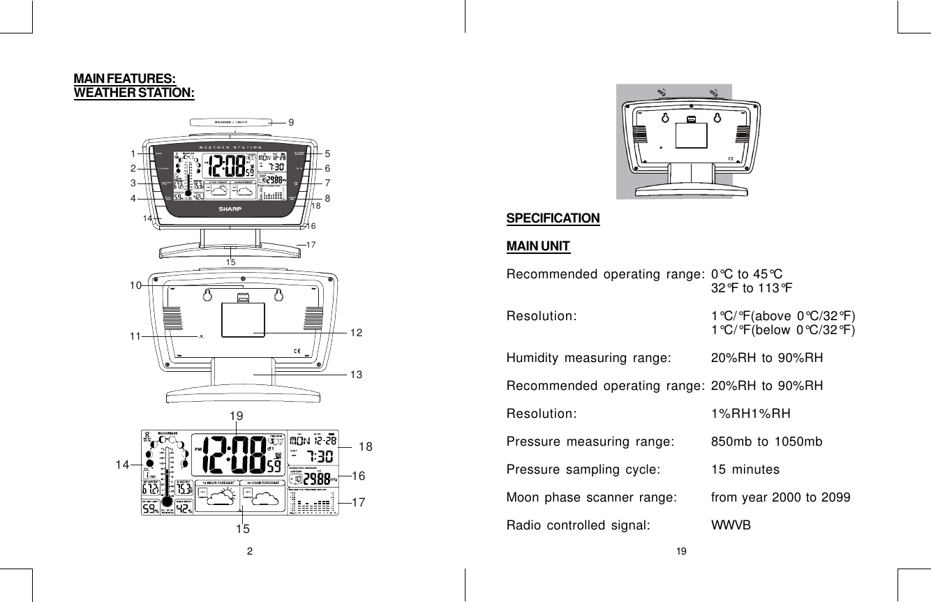 219MAIN FEATURES:WEATHER STATION:141516171819RESET111012131234567891415161718SPECIFICATIONMAIN UNITRecommended operating range:Resolution:Humidity measuring range:Recommended operating range:Resolution:Pressure measuring range:Pressure sampling cycle:Moon phase scanner range:Radio controlled signal:0°C to 45°C32°F to 113°F1°C/°F(above 0°C/32°F)1°C/°F(below 0°C/32°F)20%RH to 90%RH20%RH to 90%RH1%RH1%RH850mb to 1050mb15 minutesfrom year 2000 to 2099WWVBRESET