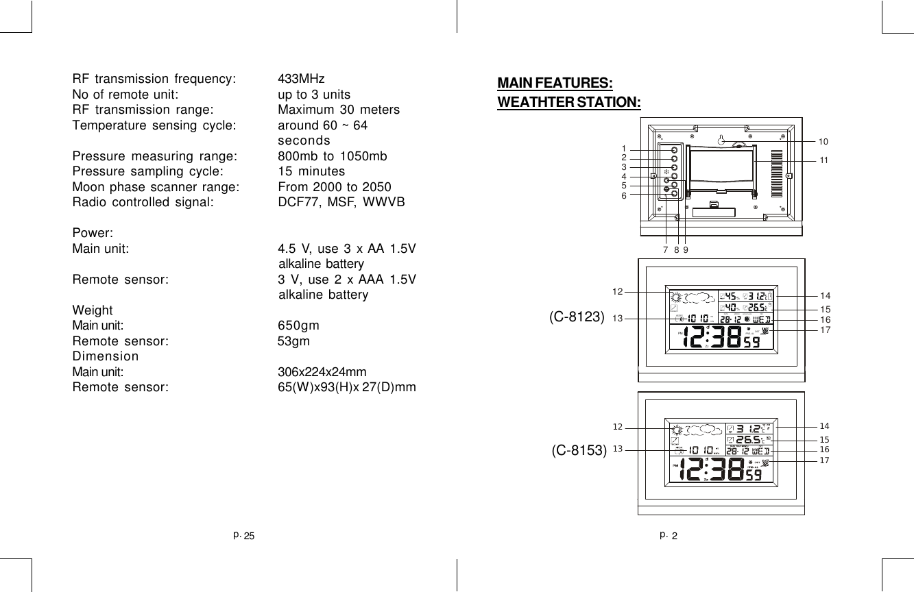 RF transmission frequency: 433MHzNo of remote unit: up to 3 unitsRF transmission range: Maximum 30 metersTemperature sensing cycle: around 60 ~ 64secondsPressure measuring range: 800mb to 1050mbPressure sampling cycle: 15 minutesMoon phase scanner range: From 2000 to 2050Radio controlled signal: DCF77,  MSF,  WWVBPower:Main unit: 4.5 V, use 3 x AA 1.5Valkaline batteryRemote sensor: 3 V, use 2 x AAA 1.5Valkaline batteryWeightMain unit: 650gmRemote sensor:                53gmDimensionMain unit: 306x224x24mmRemote sensor: 65(W)x93(H)x 27(D)mm2p.25p.MAIN FEATURES:WEATHTER STATION:1239874561011INCHPMTENDENCYHrHISTORYZzPRE- AL DSThPambDATEOUT%MOON PHASEMONTHTEMPDAYOUT%TEMP121314151617121314151617                 (C-8123)                  (C-8153)