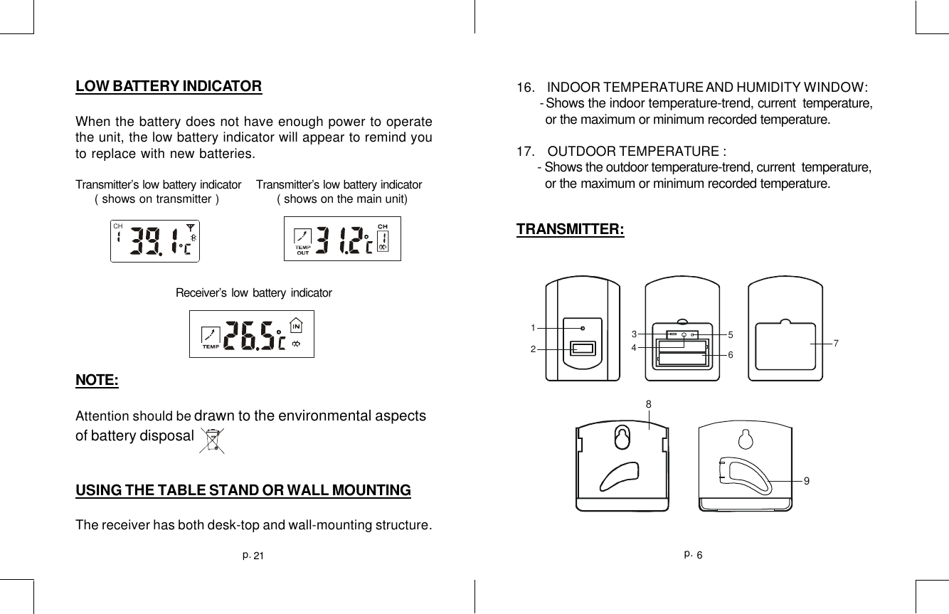 6p.21p.LOW BATTERY INDICATORWhen the battery does not have enough power to operatethe unit, the low battery indicator will appear to remind youto replace with new batteries.Transmitter’s low battery indicator    Transmitter’s low battery indicator     ( shows on transmitter )             ( shows on the main unit)Receiver’s low battery indicatorNOTE:Attention should be drawn to the environmental aspectsof battery disposalUSING THE TABLE STAND OR WALL MOUNTINGThe receiver has both desk-top and wall-mounting structure.16.    INDOOR TEMPERATURE AND HUMIDITY WINDOW:        - Shows the indoor temperature-trend, current  temperature,        or the maximum or minimum recorded temperature.17.    OUTDOOR TEMPERATURE :       - Shows the outdoor temperature-trend, current  temperature,        or the maximum or minimum recorded temperature.TRANSMITTER:123456789CH